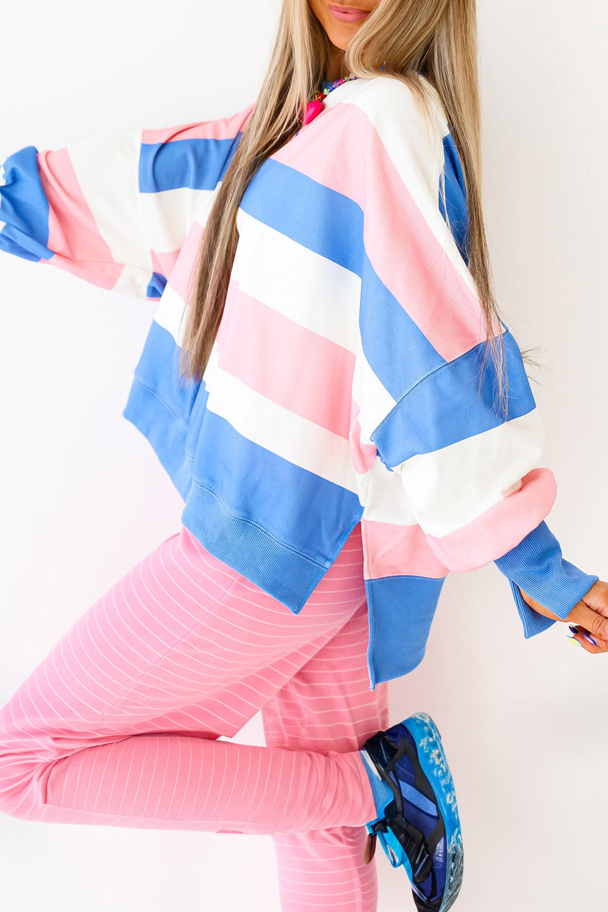 Pink Stripe Side Split Oversized Long Sleeve Top
