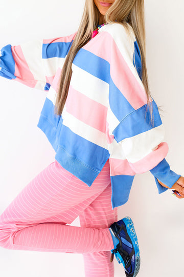 Pink Stripe Side Split Oversized Long Sleeve Top