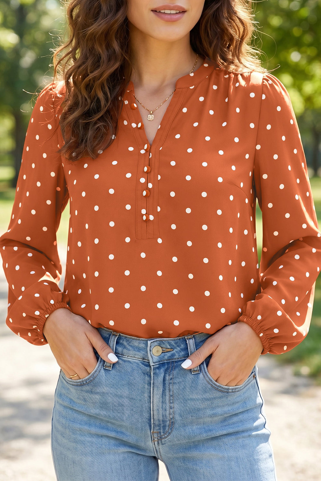 Brown Polka Dot Half Button V Neck Long Sleeve Blouse
