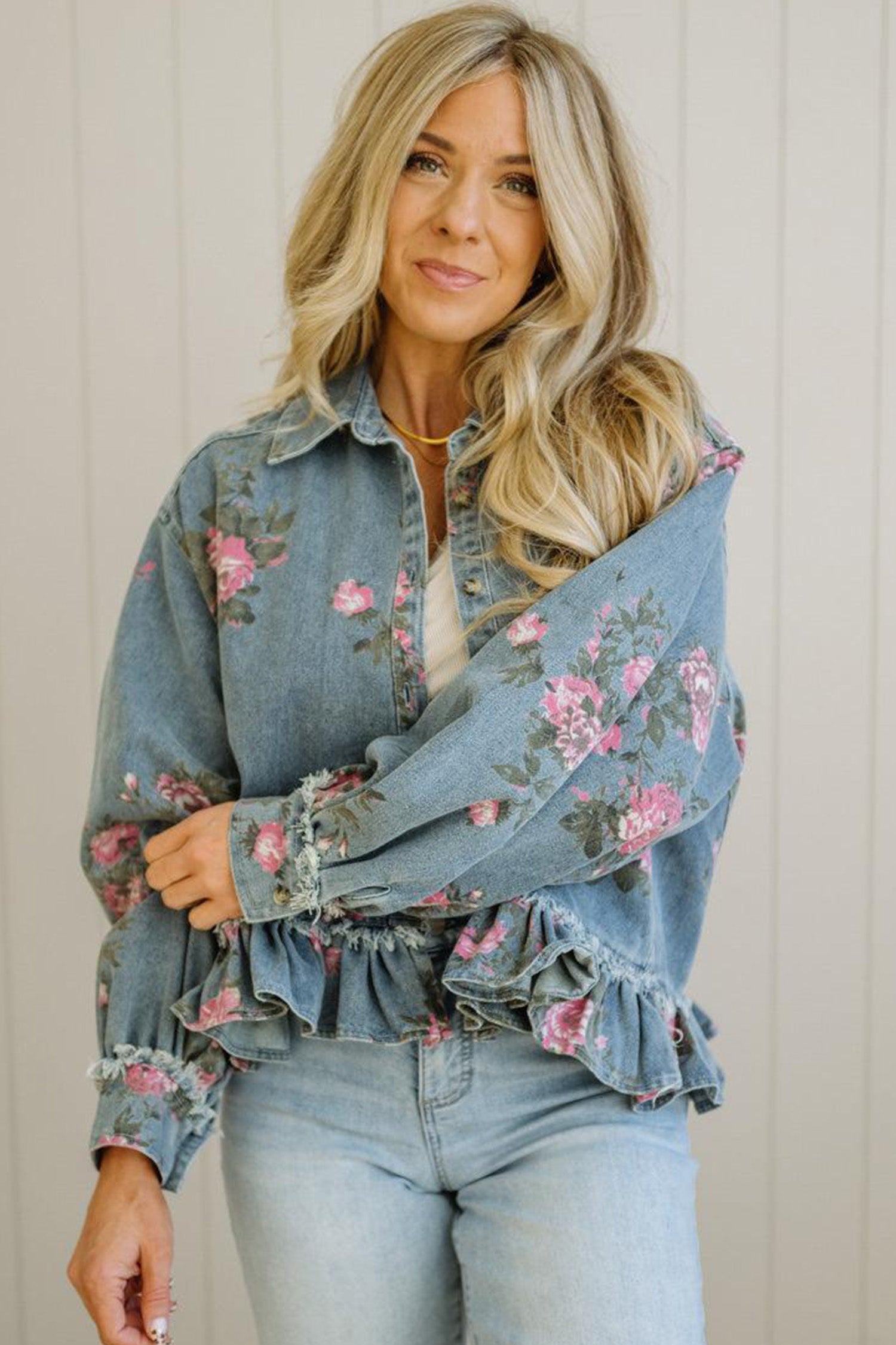 Sky Blue Floral Print Raw Seam Ruffle Hem Denim Jacket