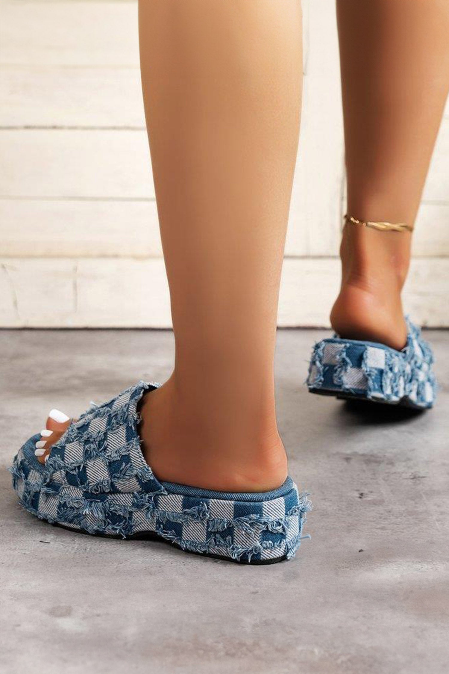 Peacock Blue Frayed Checkered Pattern Low Platform Canvas Slippers
