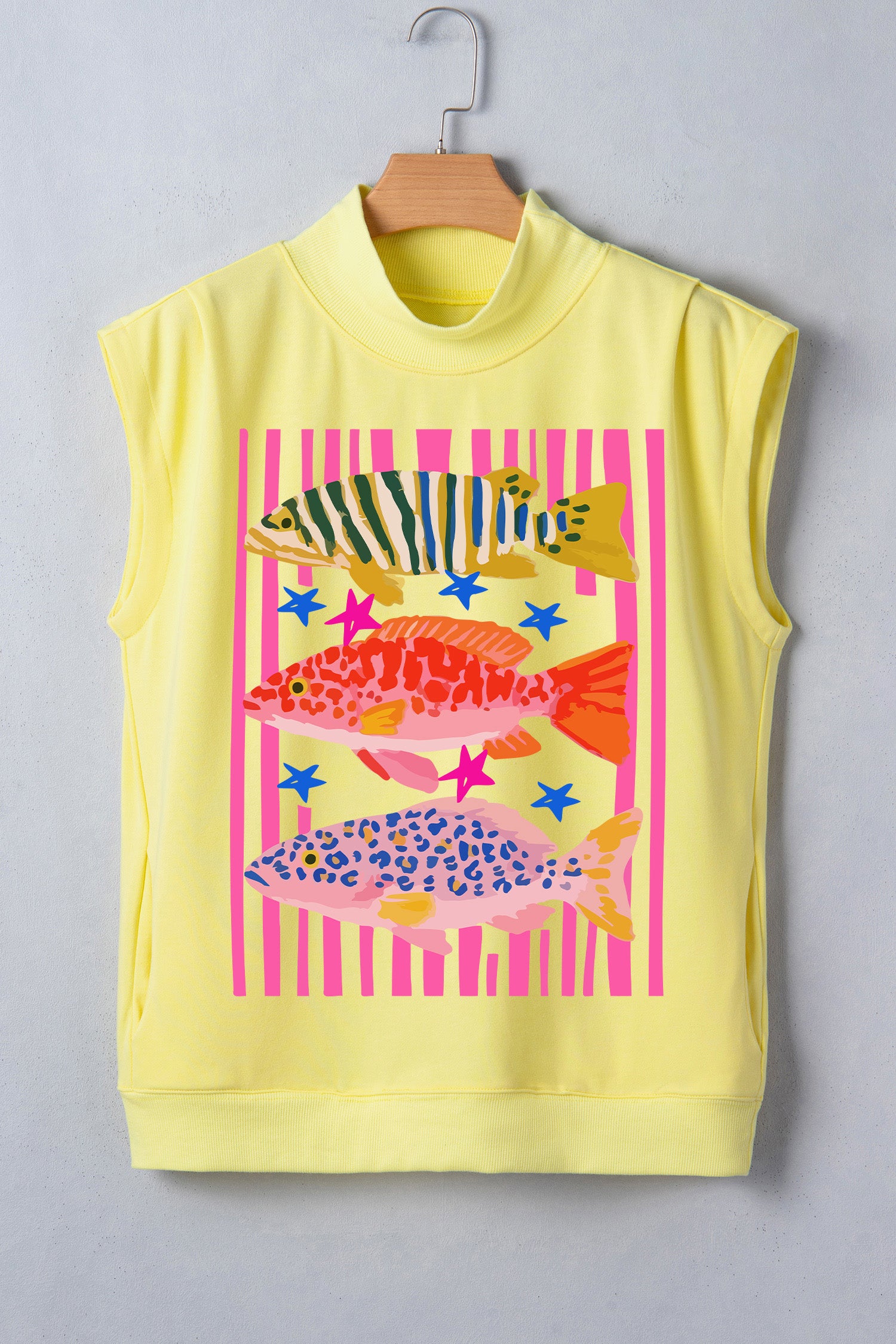 Yellow Vibrant Fishes Striped Pattern High Neck Short Sleeve Top