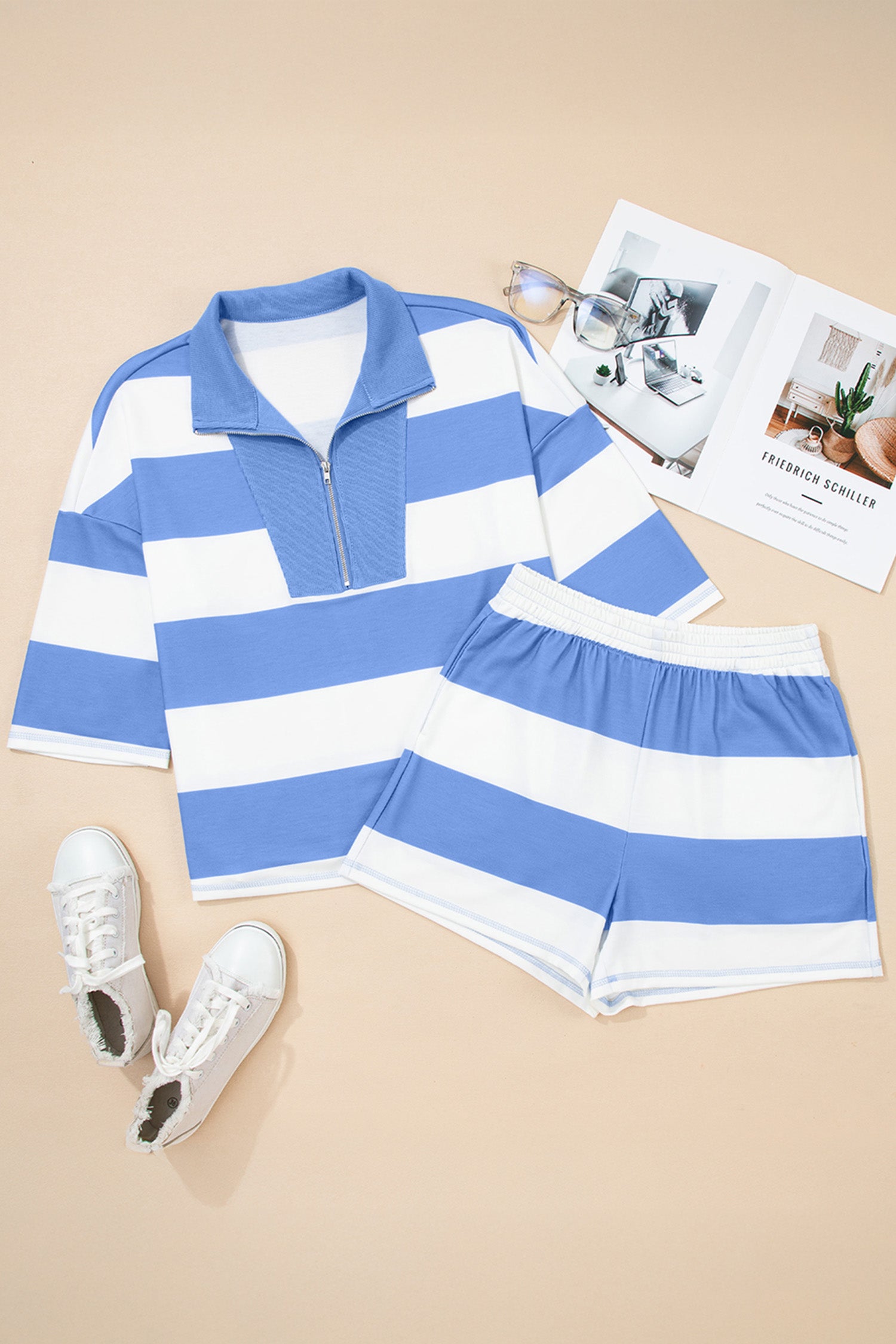 Sky Blue Stripe Drop Shoulder Zipped Collar T Shirt Plus Size Shorts Set