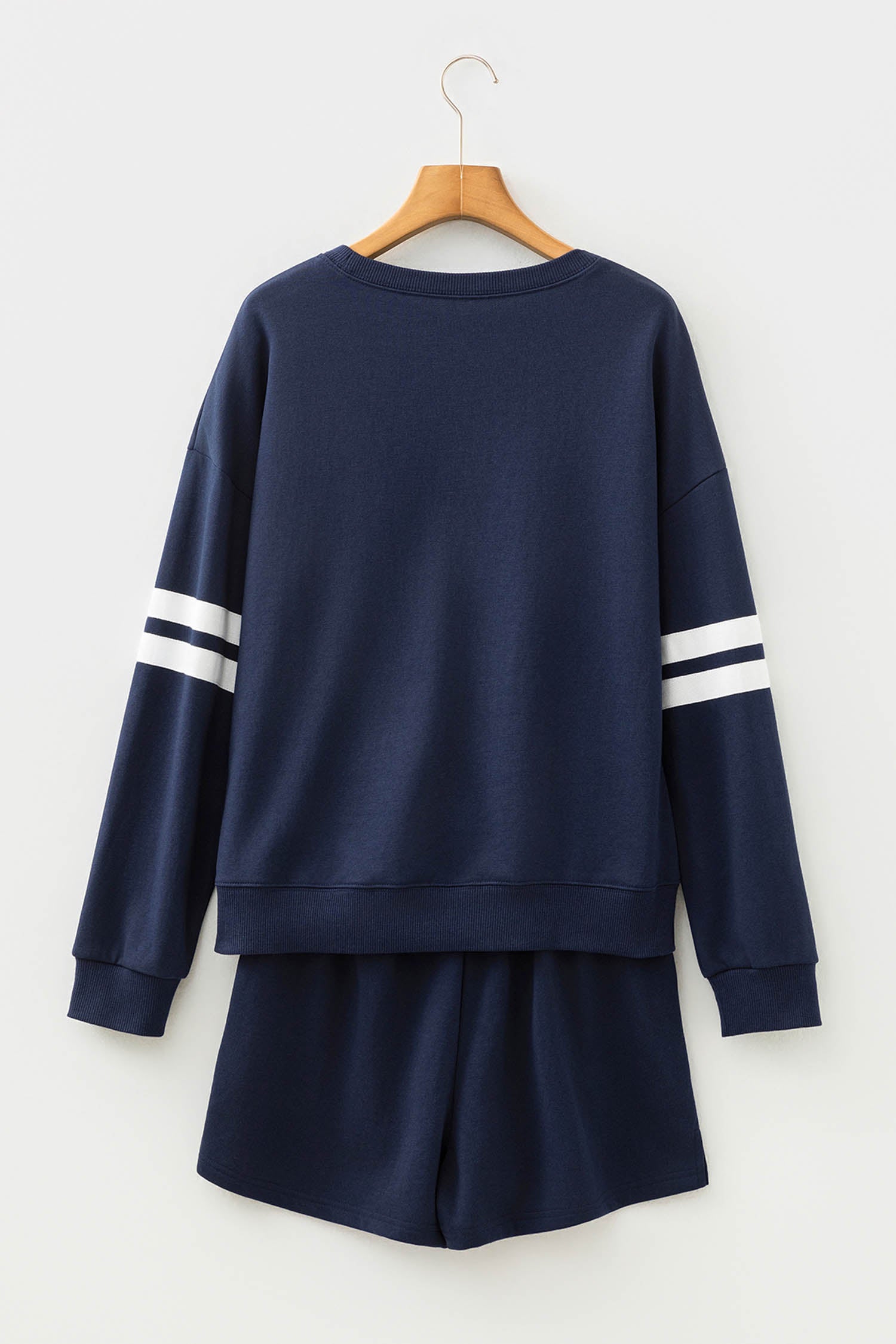 Navy Blue Varsity Striped Sleeve Drop Shoulder Sweatshirt and Short Set