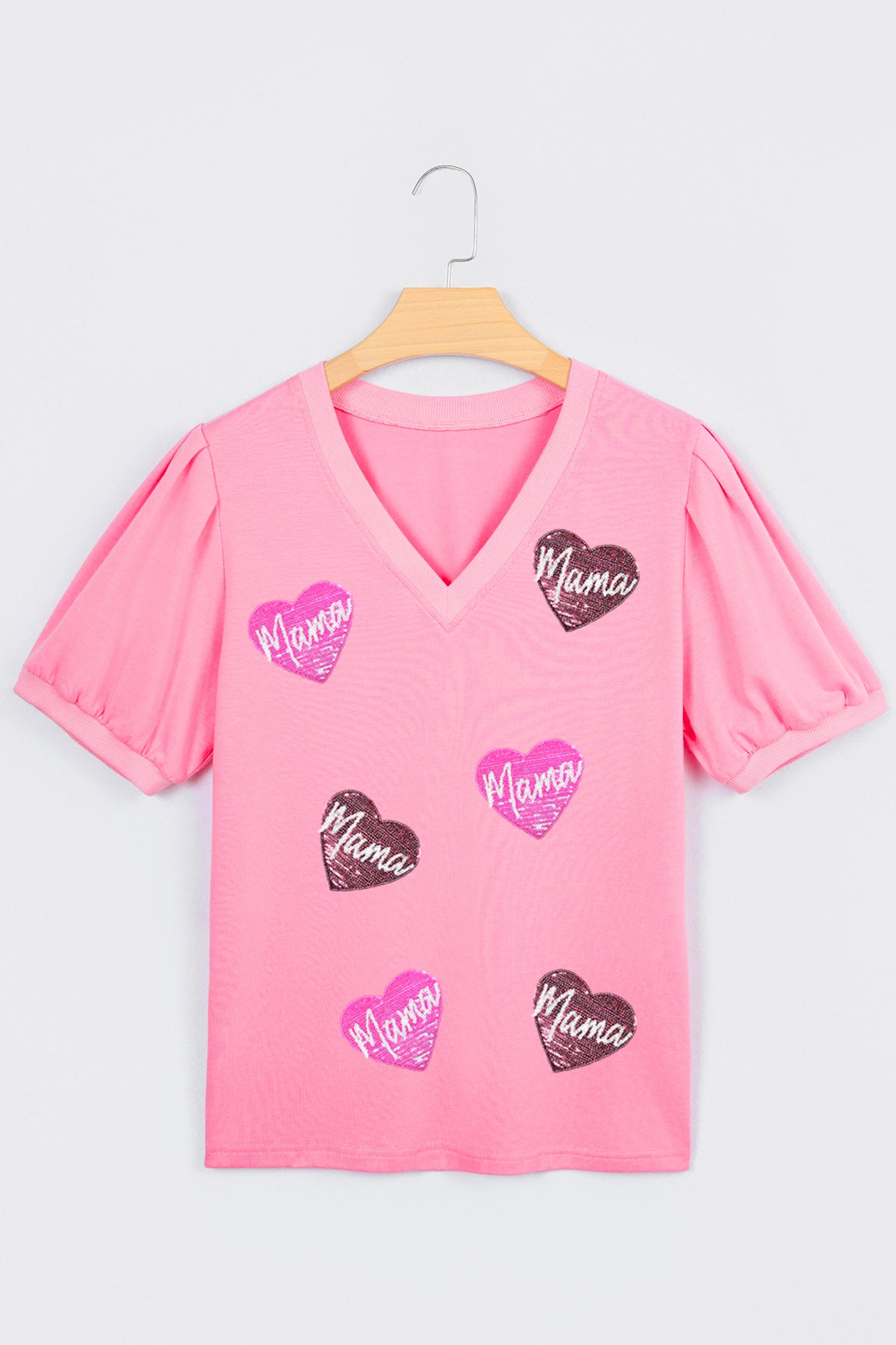 Bonbon V Neck Puff Sleeve Sequin Mama Heart Graphic Top