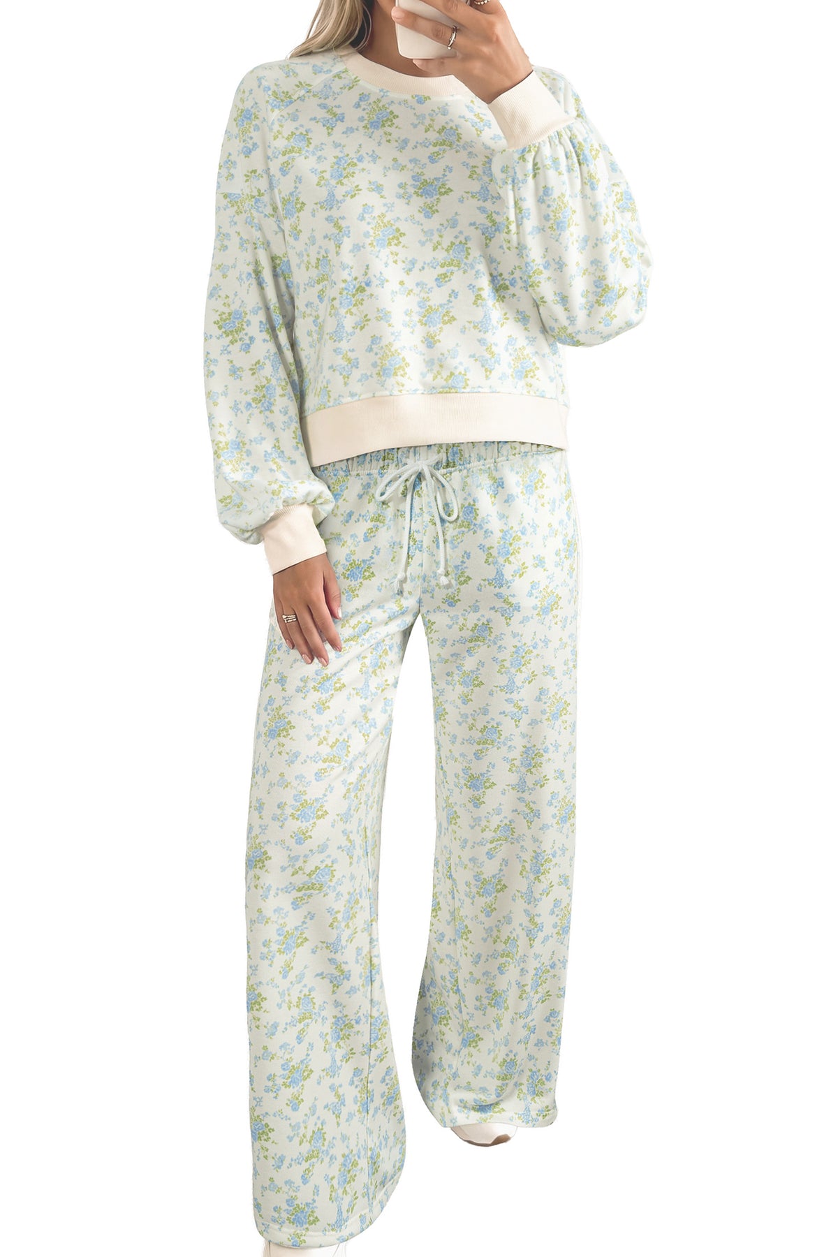 Sky Blue Floral Print Long Sleeve Top Drawstring Wide Leg Pants Set