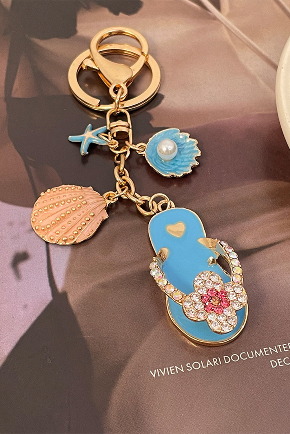 Light Blue Rhinestone Pearl Decor Slipper Shell Starfish Alloy Keychain