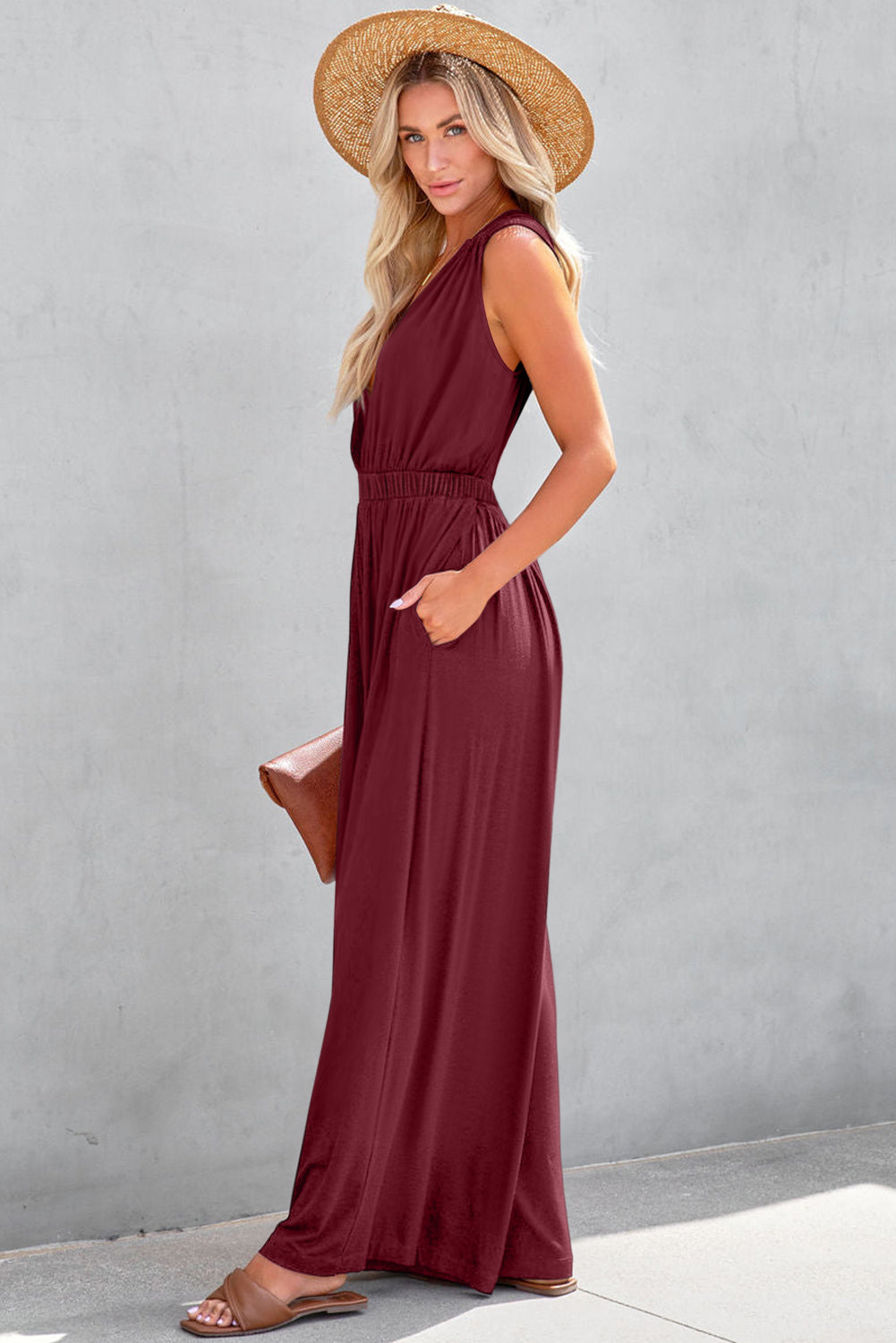 Burgundy Deep V Pleated Crisscross Wide Leg Backless Jumpsuit