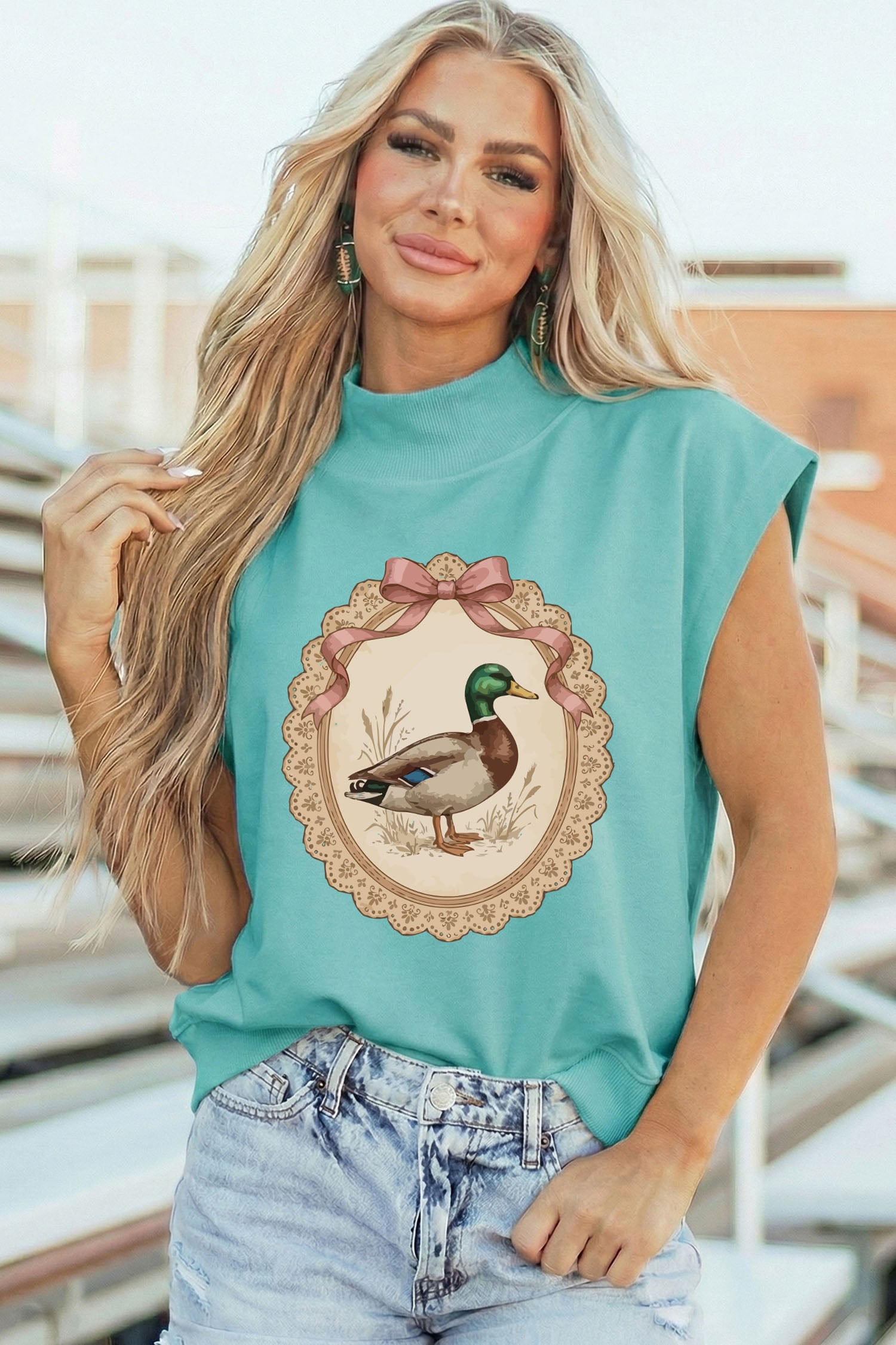 Mint Green Retro Duck Print High Neck Short Sleeve Tunic Top