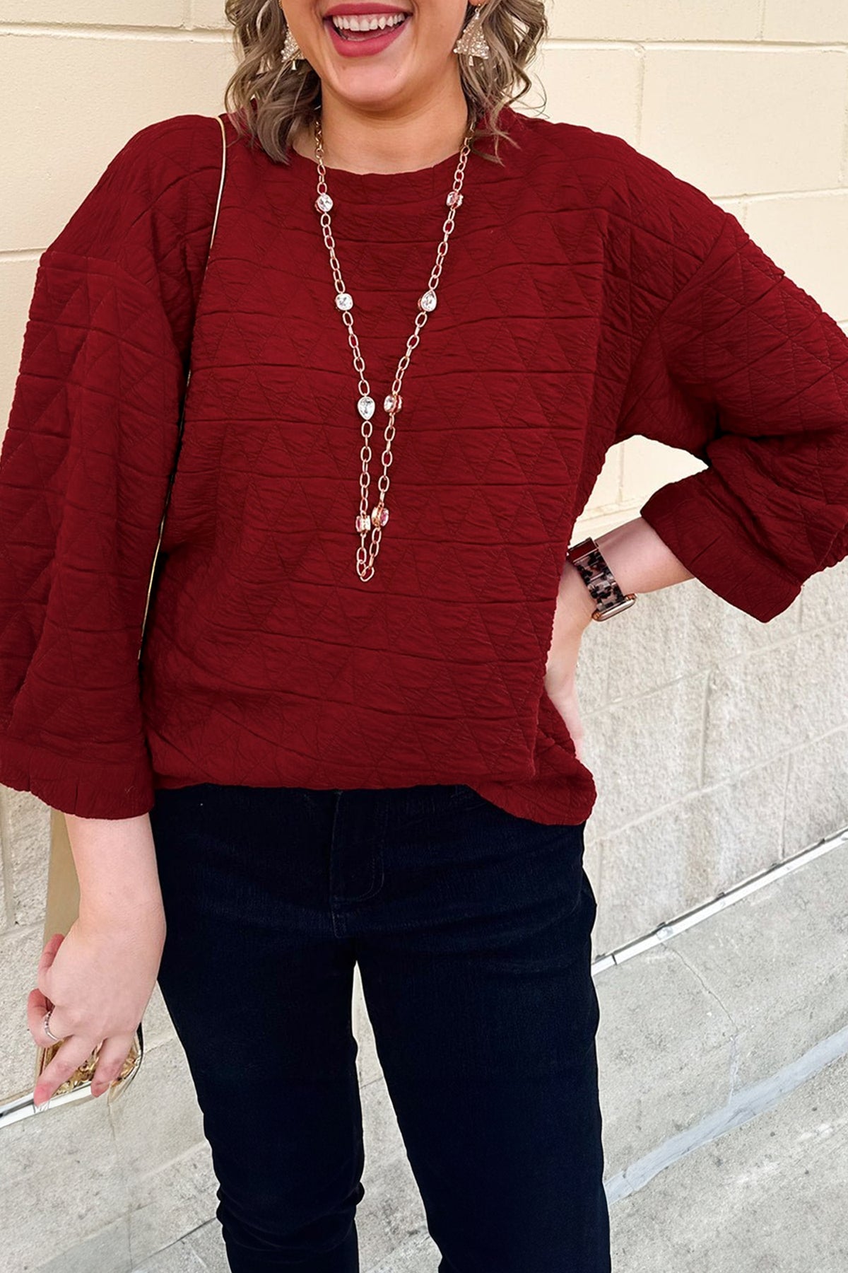 Racing Red Solid Round Neck Tunic Adjustable Cuffs Shift Plus Size Blouse