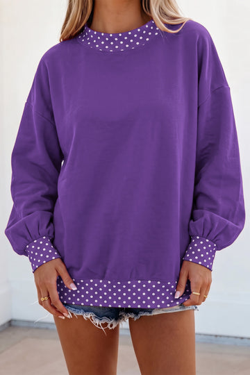 Tillandsia Purple Colorblock Polka Dot Contrast Trim Oversized Sweatshirt
