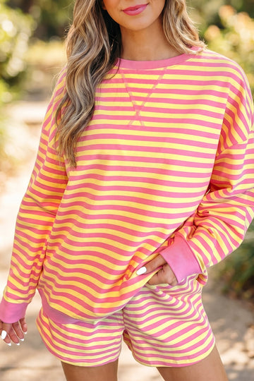 Yellow Stripe Color Block Trim Round Neck Long Sleeve Top Casual Shorts 2pcs Set