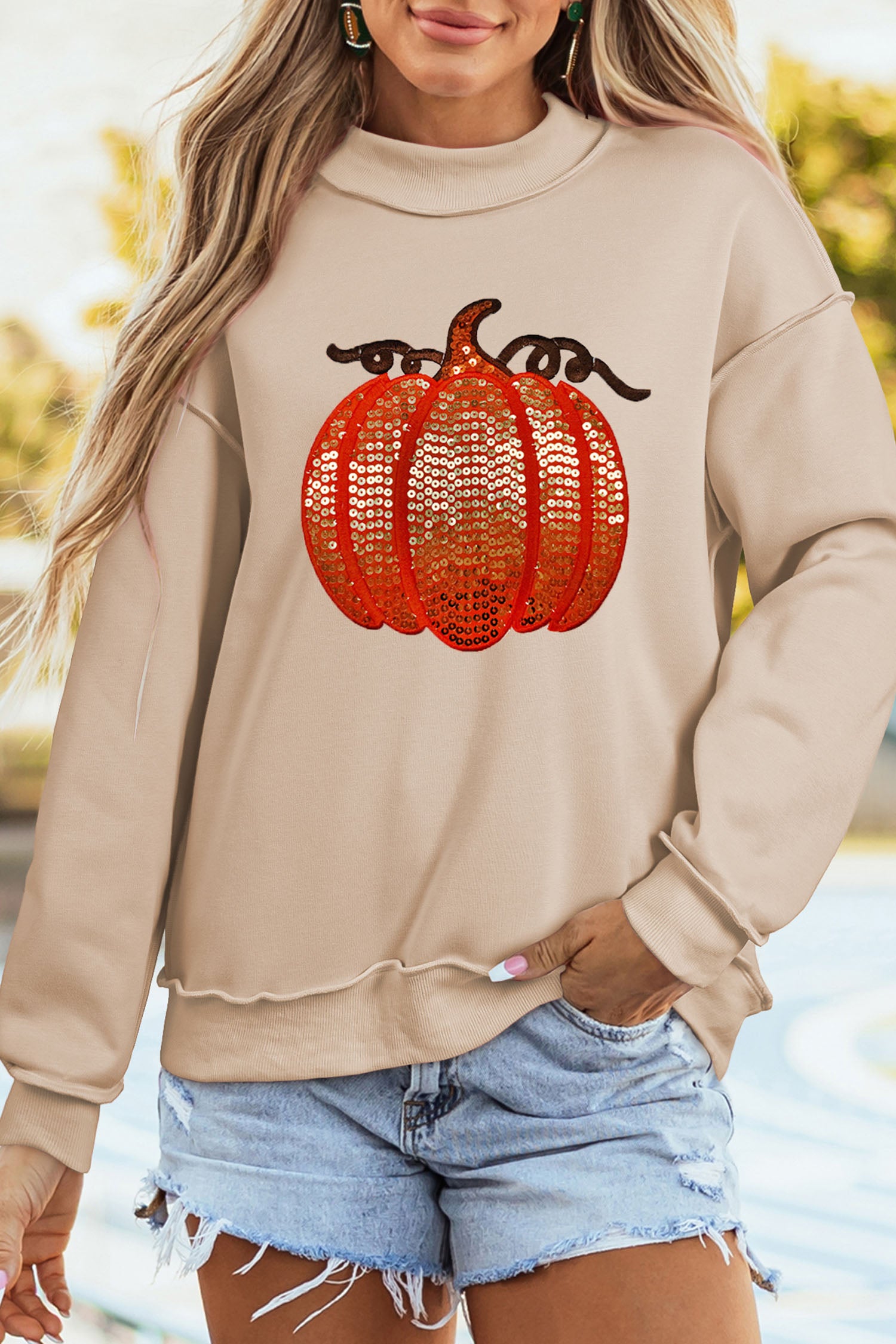 Apricot Sequined Pumpkin Graphic High Neck Baggy Sweatshirt