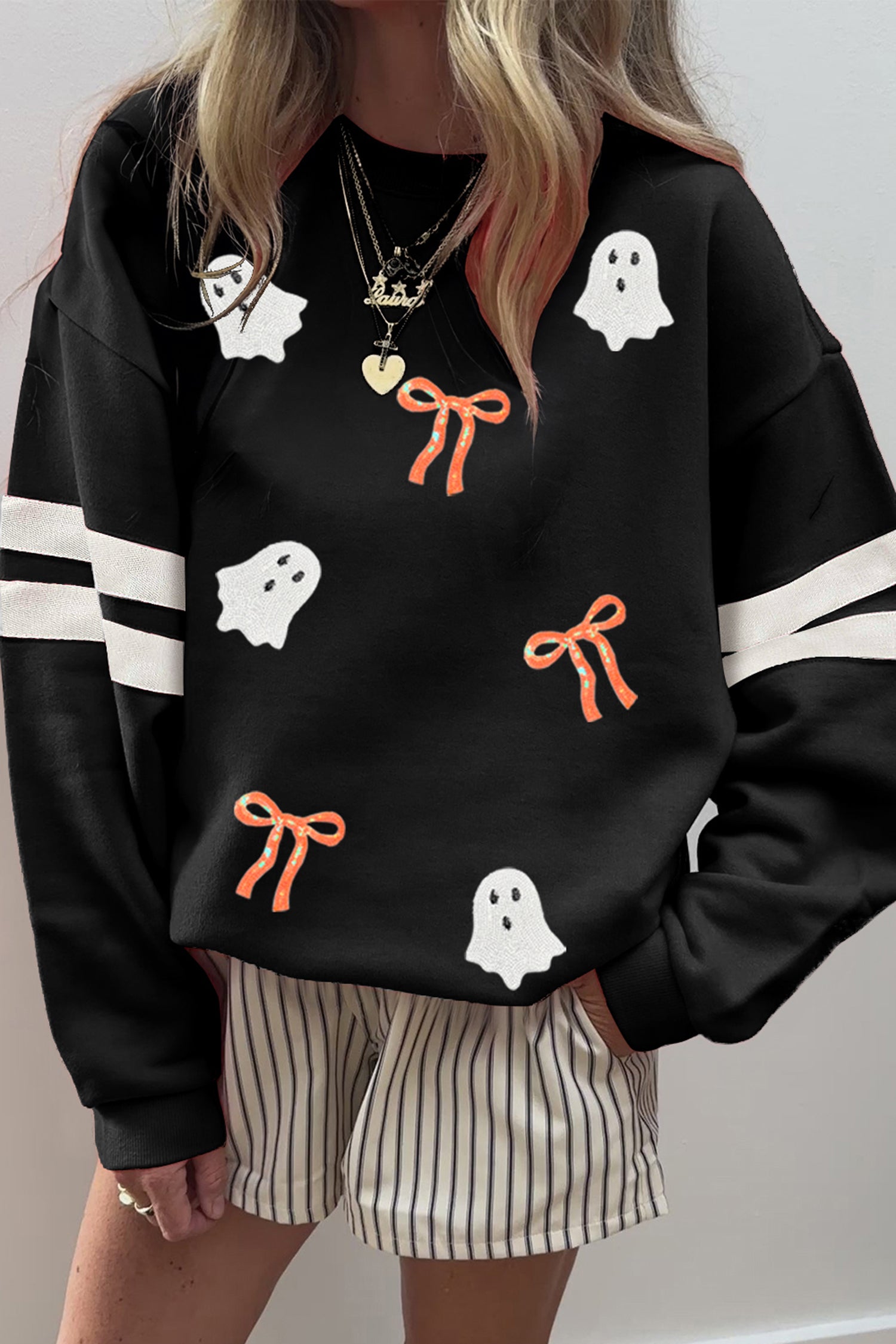 Black Sequin Halloween Ghosts Bows Graphic Varsity Striped Sleeve Casual Pullover Sweatshirt