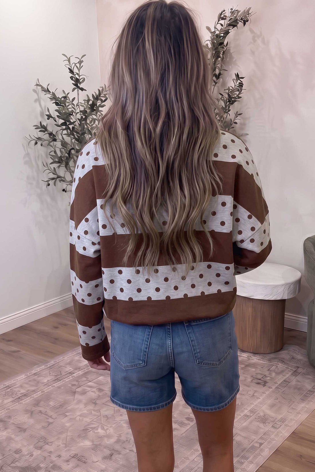 Brown Stripe Patchwork Polka Dot Accent Quarter Zip Long Sleeve Top