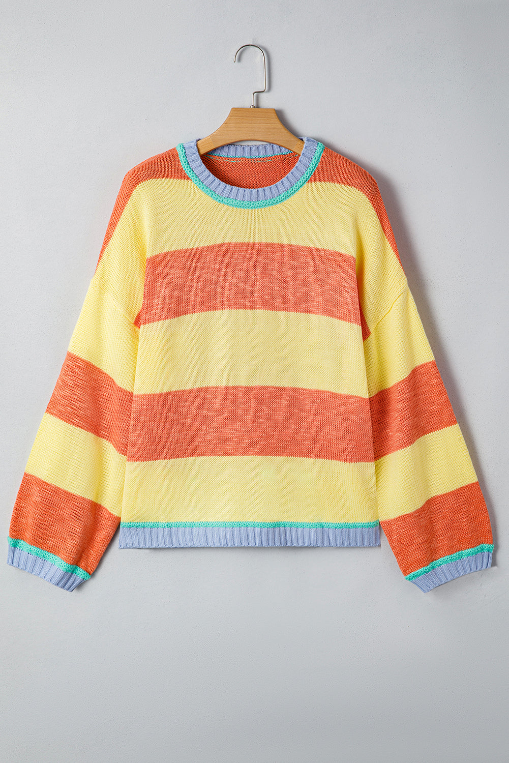 Yellow Stripe Contrasting Trim Round Neck Oversize Sweater