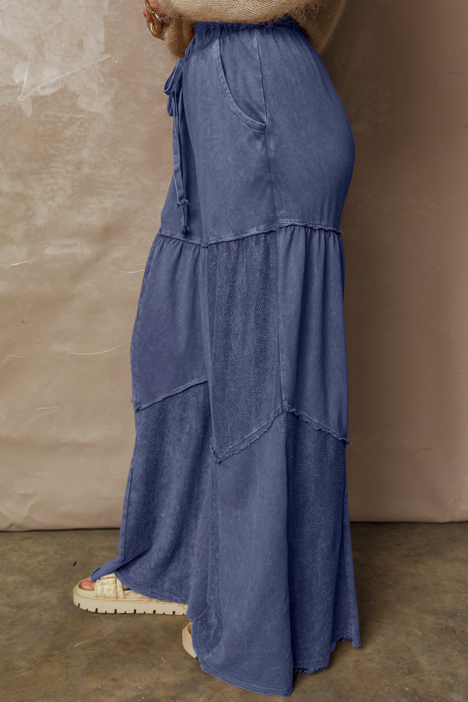 Ashleigh Blue Careys Mineral Wash Tiered Wide Leg Patchwork Drawstring Pants