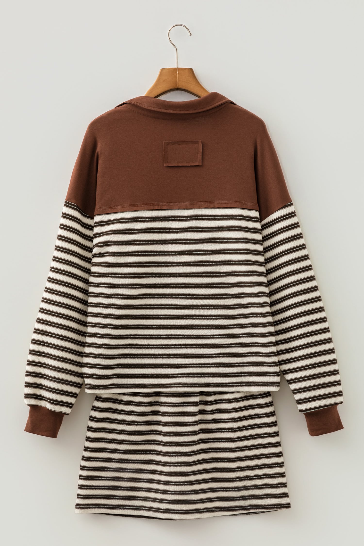 Brown Stripe Contrast Trim Button Neck Long Sleeve Top Drawstring Mini Skirt Set
