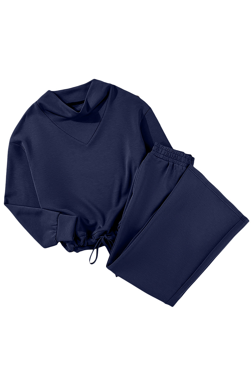 Navy Blue Solid Color Cowl Neck Drawstring Pullover Wide Leg Athleisure Pants Set