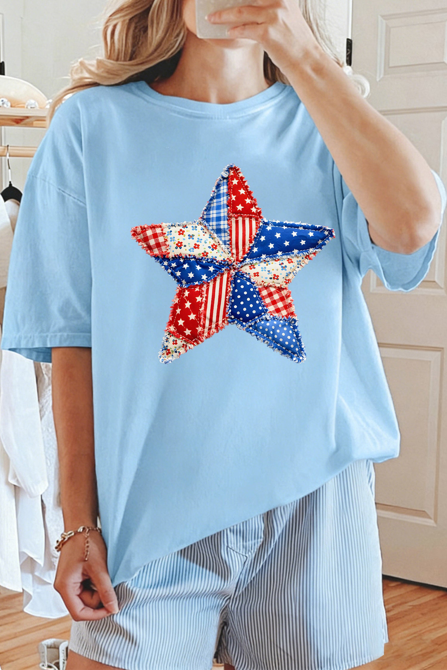 Light Blue Patriotic Patchwork Star Graphic T-Shirt