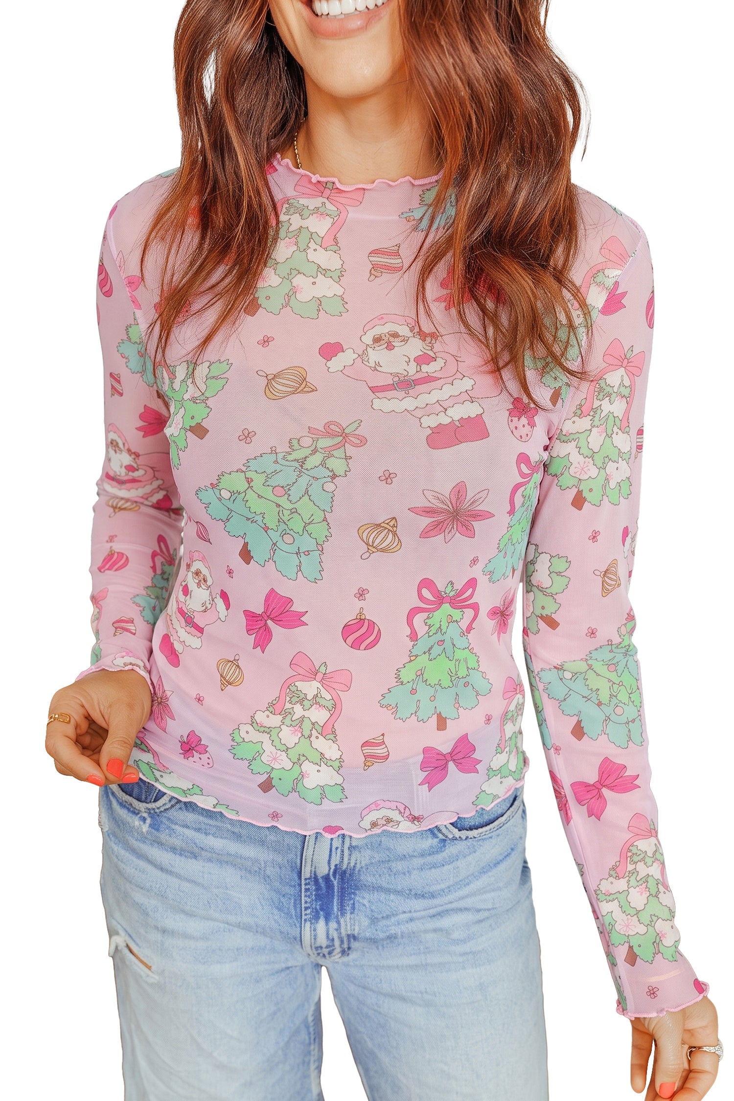 Pink Abstract Print Stand Neck Slim Fit Long Sleeve Top