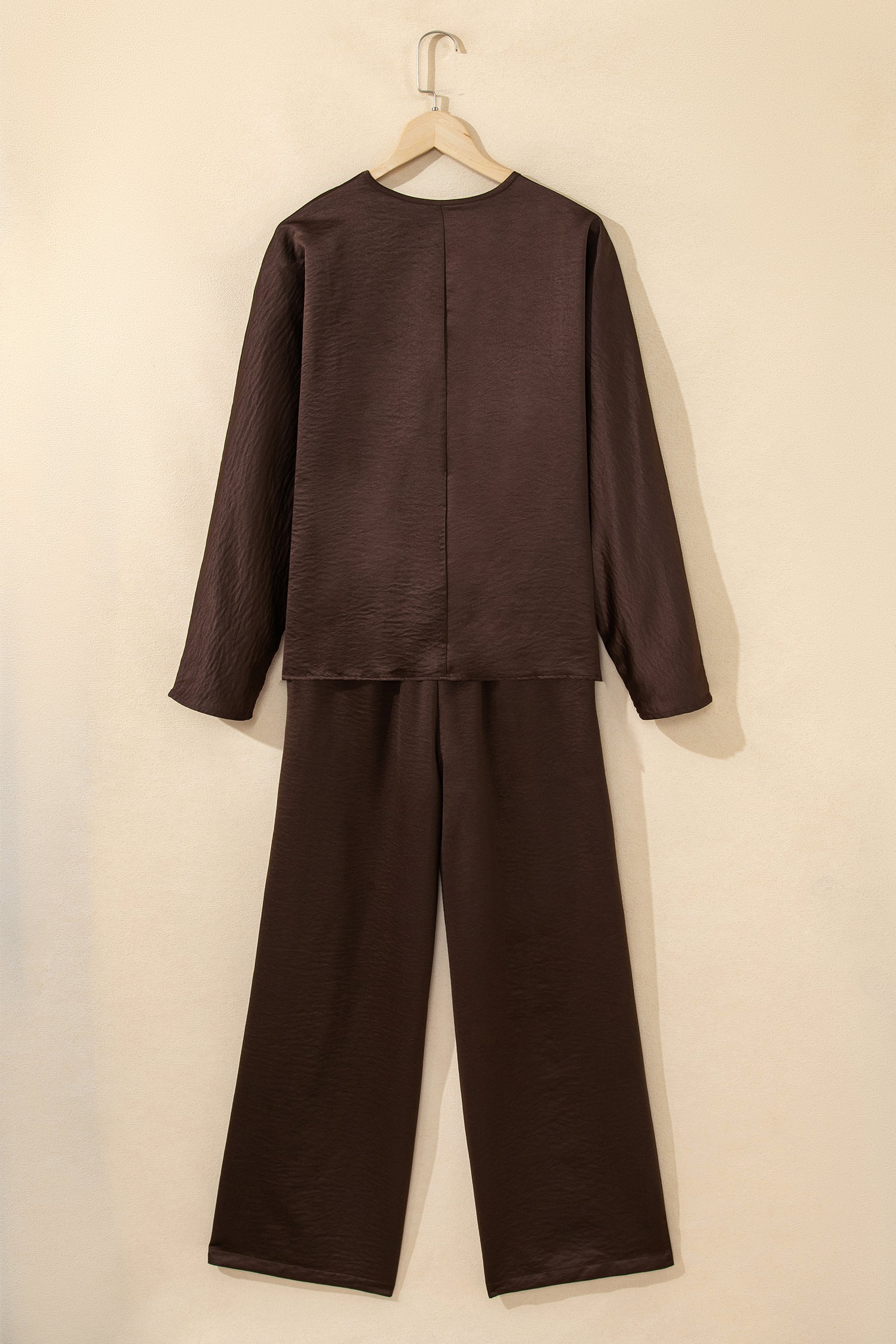 Dark Brown Braided V Neck Long Sleeve Loose Top and Drawstring High Waist Pants 2pcs Outfit