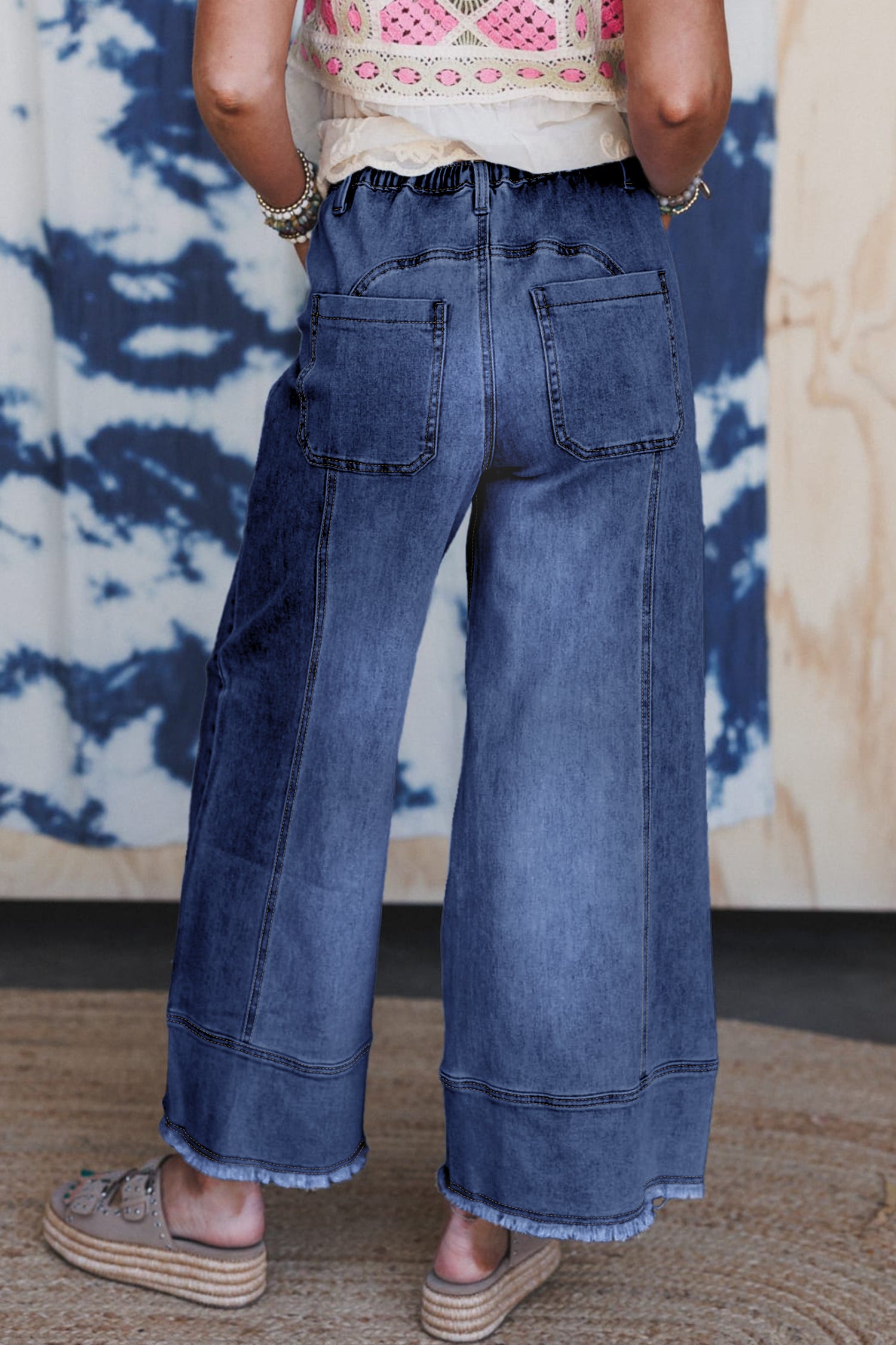 Prussian Blue Drawstring Seam Detail Raw Hem Wide Leg Denim Pants