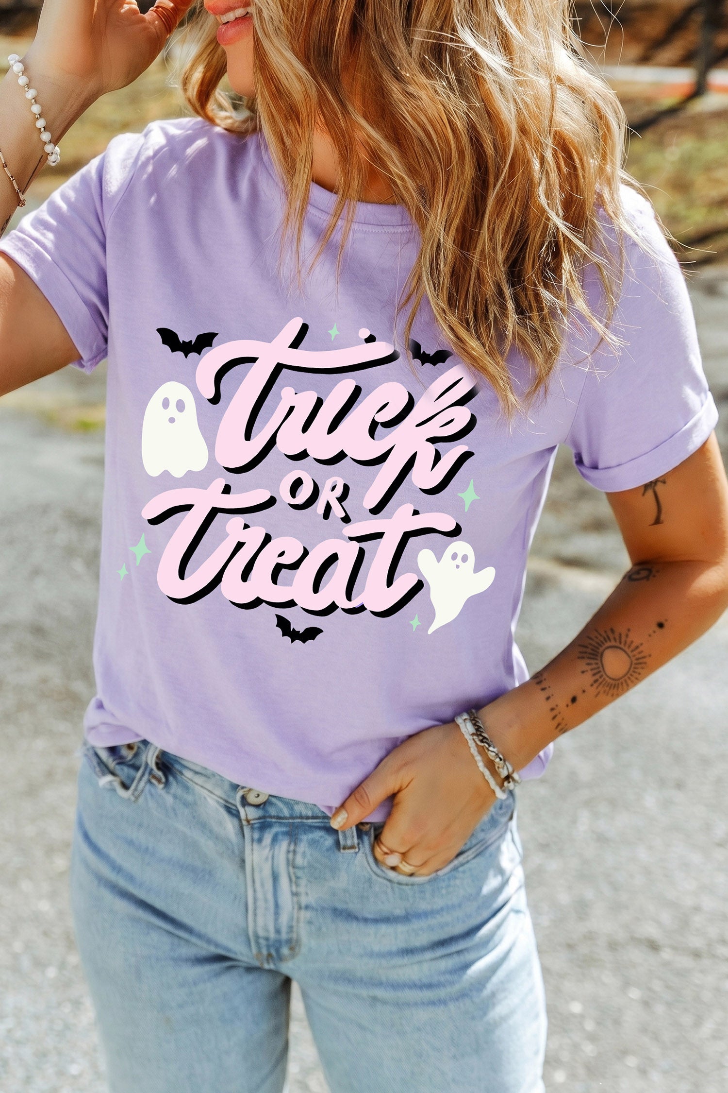 Orchid Petal Halloween Trick or Treat Slogan Graphic Round Neck T-Shirt
