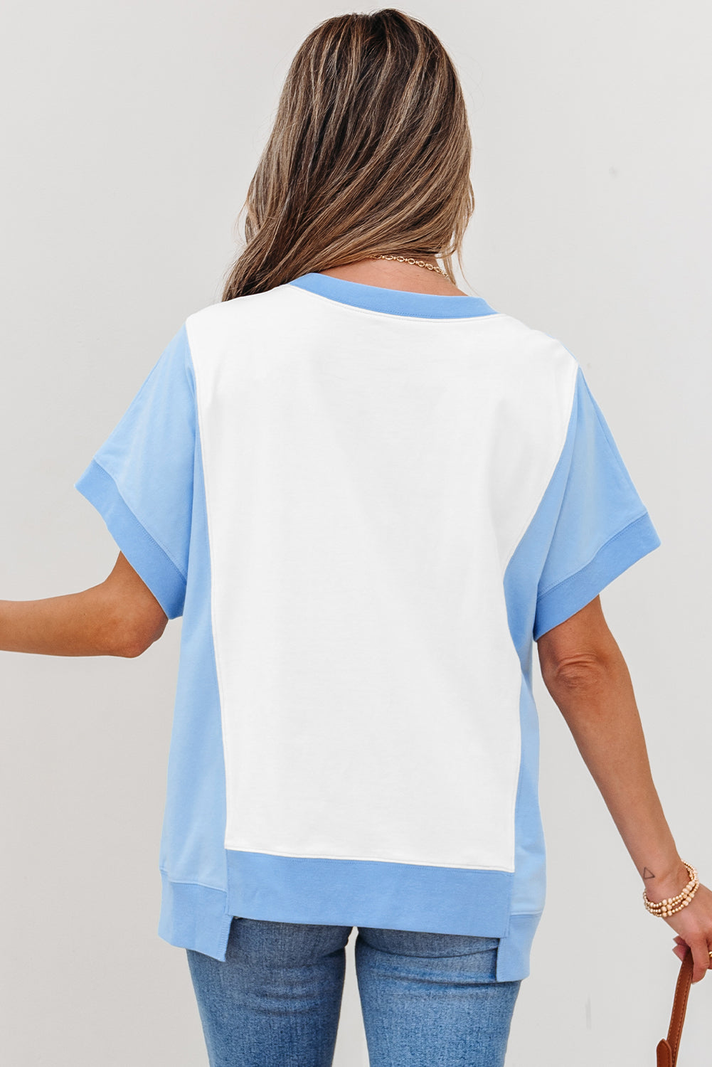 Sky Blue Star Plaid Flower USA Graphic Color Block Crewneck T Shirt