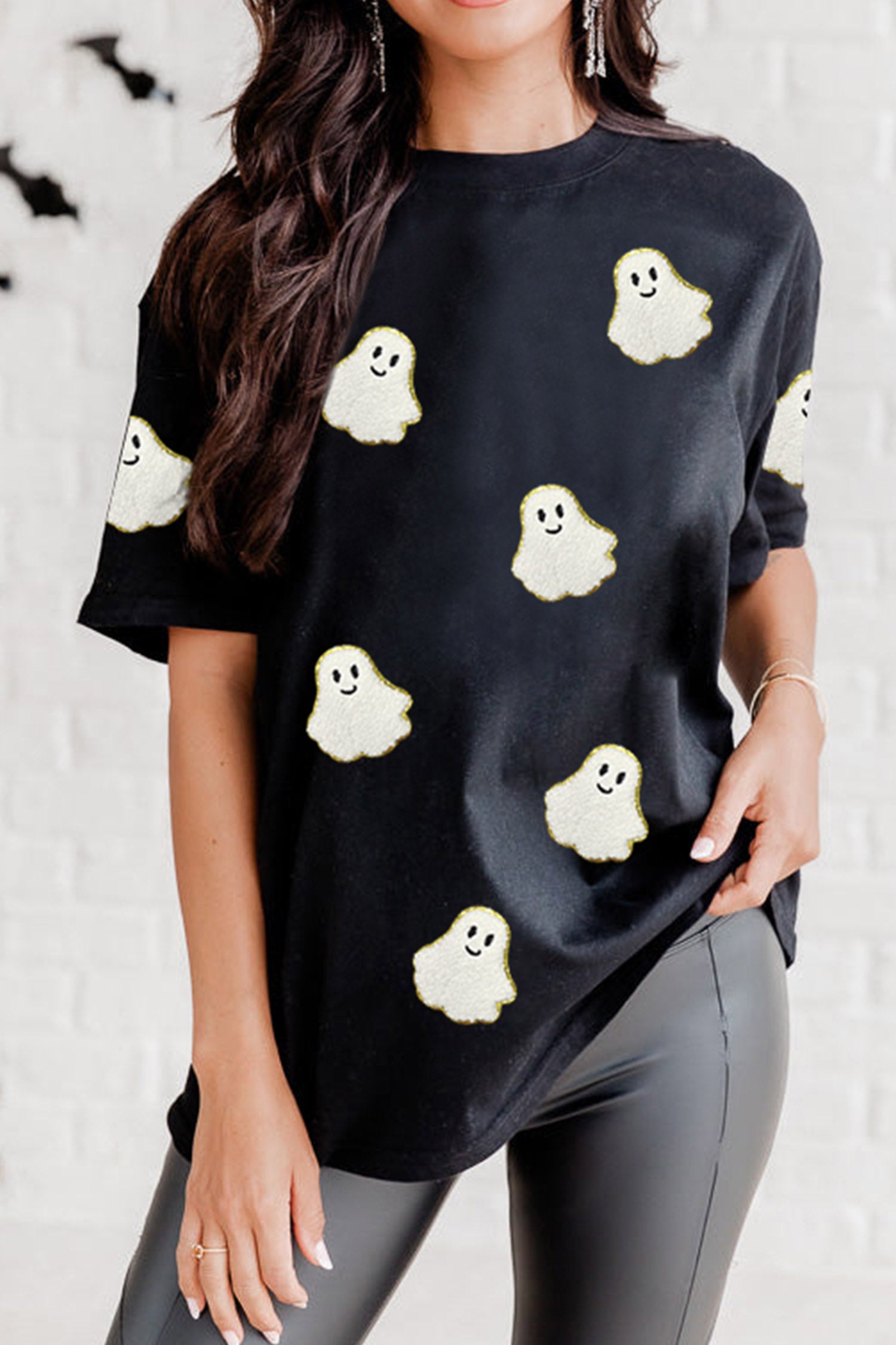 Black Ghost Print Casual Halloween Custom T-Shirt