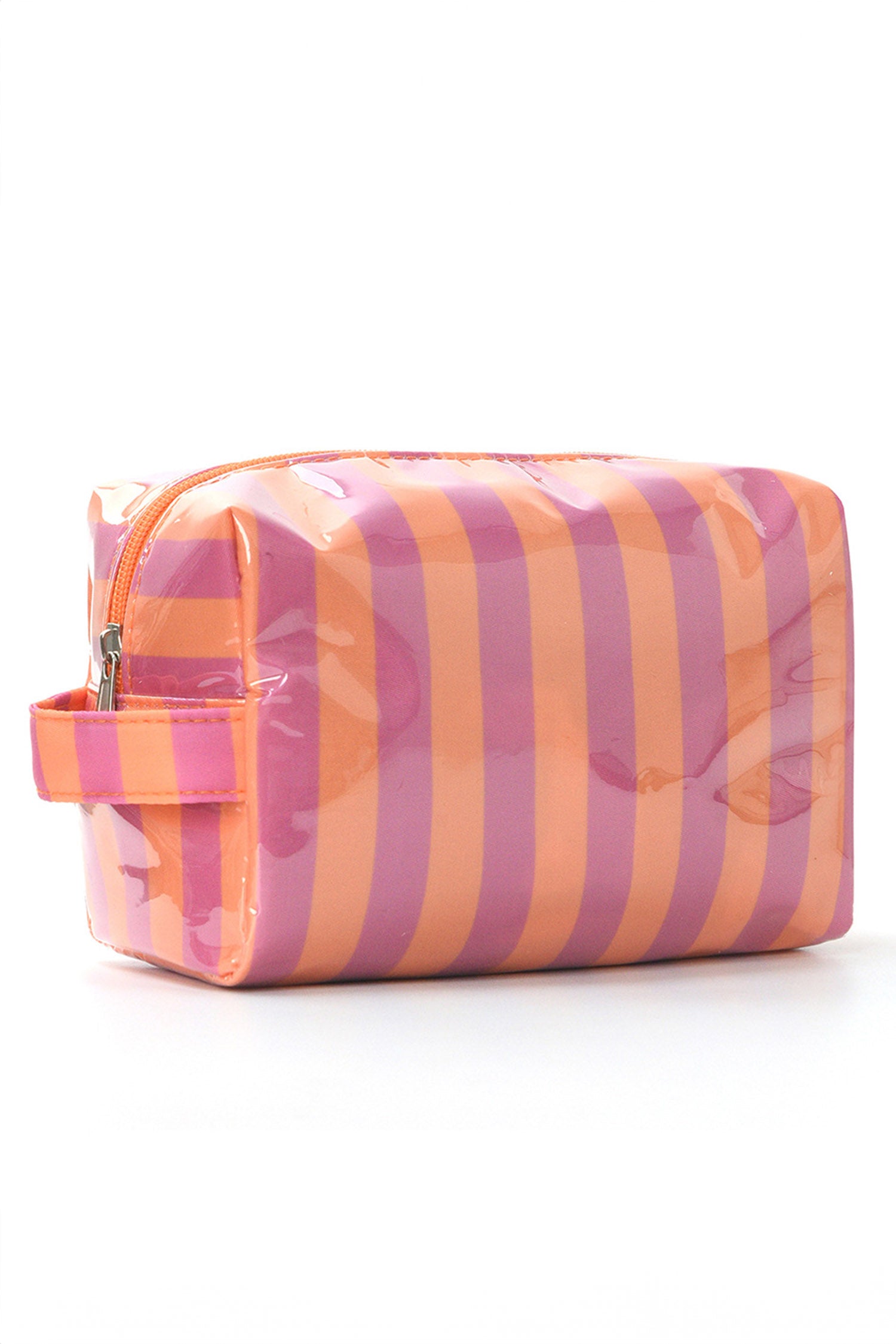 Rose Red PVC Striped Cosmetic Bag Durable Zipper Handle Travel Organizer