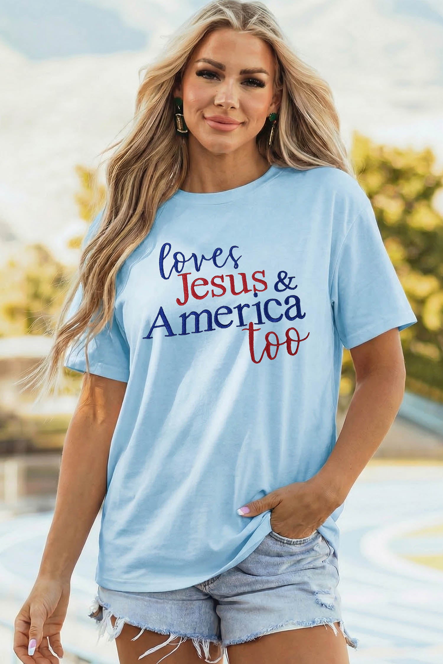 Light Blue Loves Jesus & America Too Patriotic Slogan Embroidered T Shirt