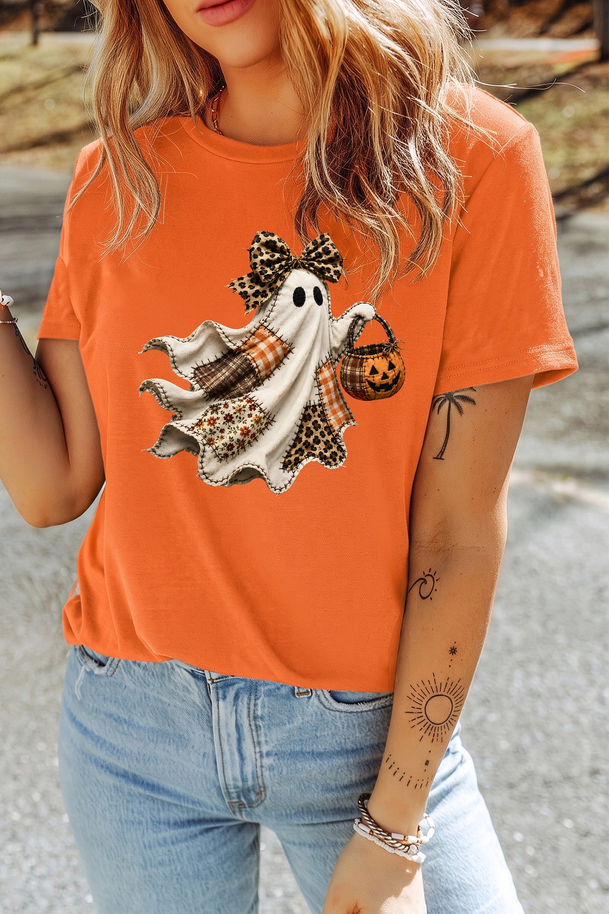 Orange Leopard Bow Halloween Ghost Printed T Shirt