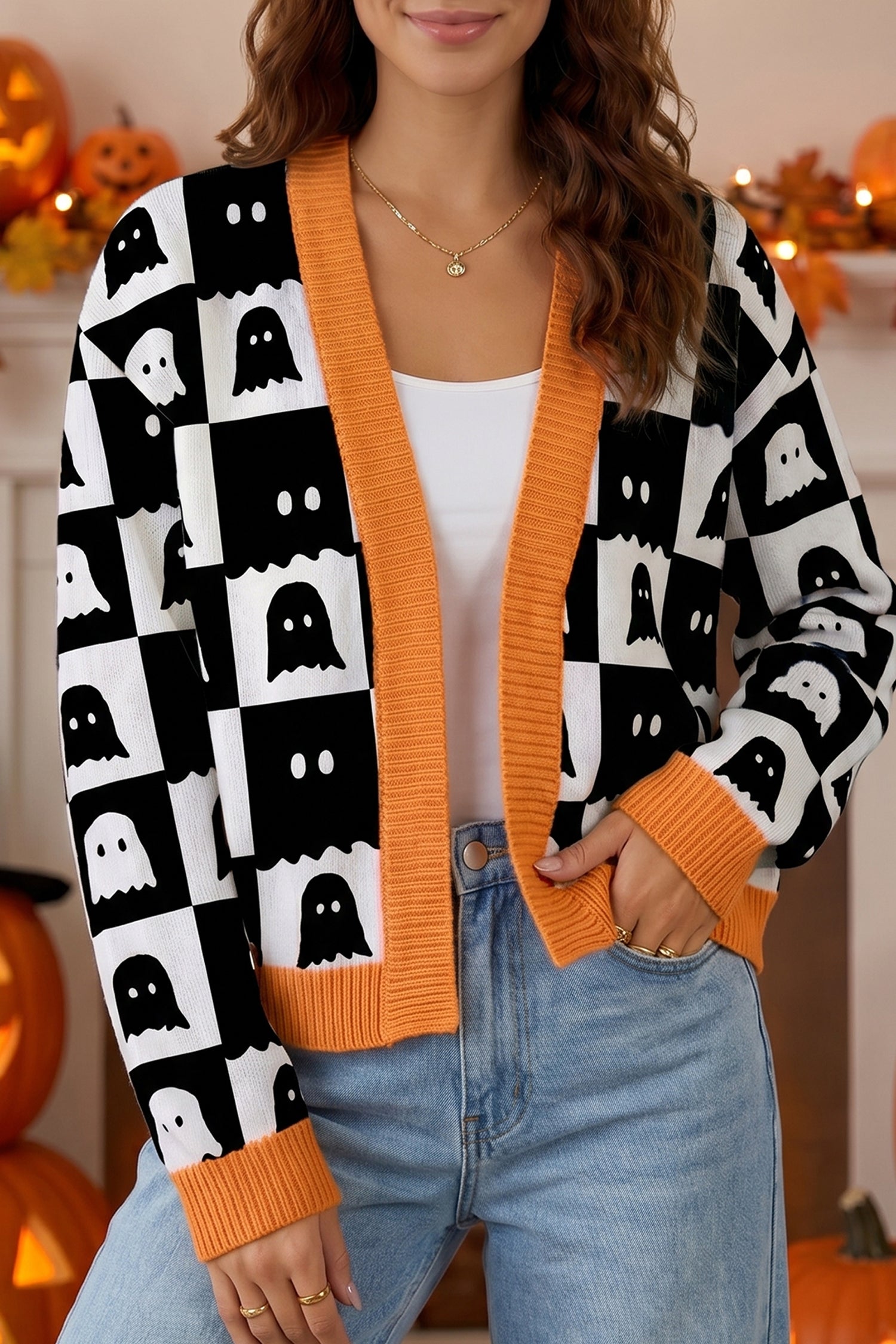 Black Geometric Ghost Print Drop Shoulder Knit Cardigan
