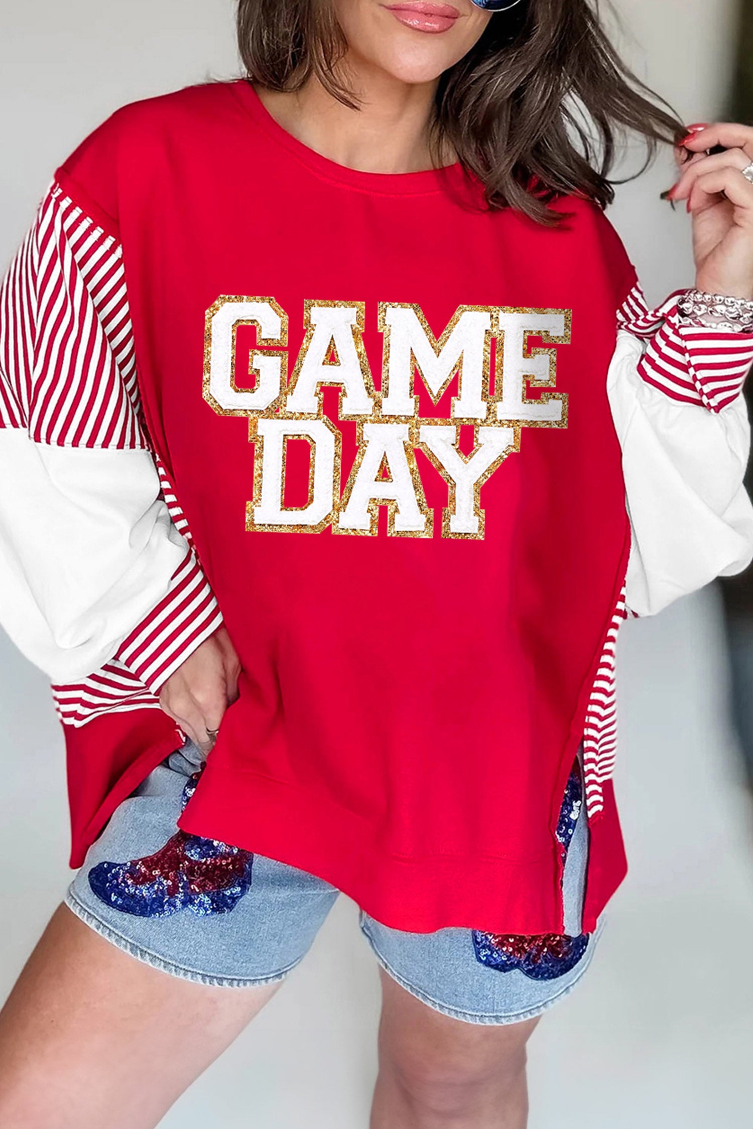 Fiery Red Striped Color Block Sleeve Game Day Graphic Pullover Sweatshirt