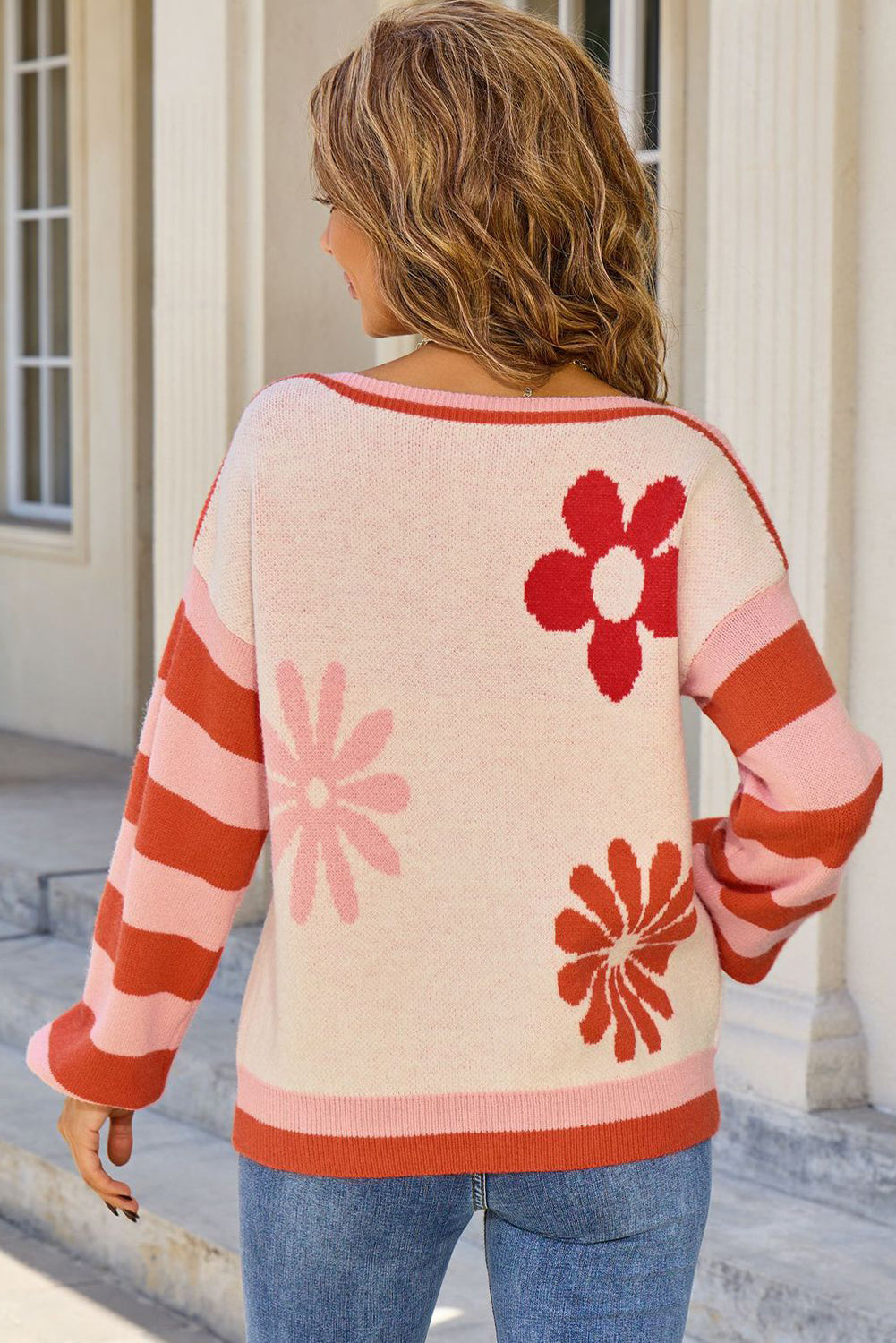 Orange Stripe Dropped Sleeve Contrast Flower Print Sweater