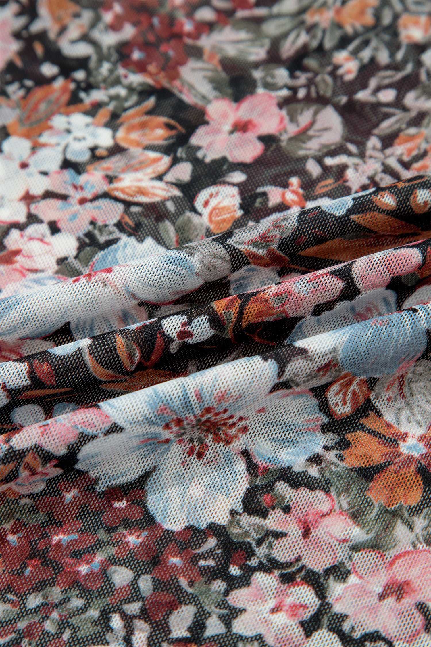 Brown Floral Printed Mesh Short Sleeve Top