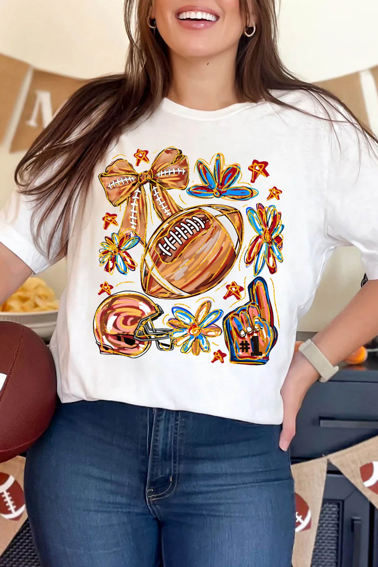 White Vibrant Football Graphic Game Day Cheerful T Shirt
