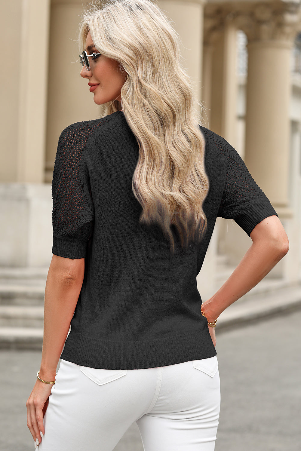 Black Solid Color Knit Contrast Hollowed Short Sleeve V Neck Sweater