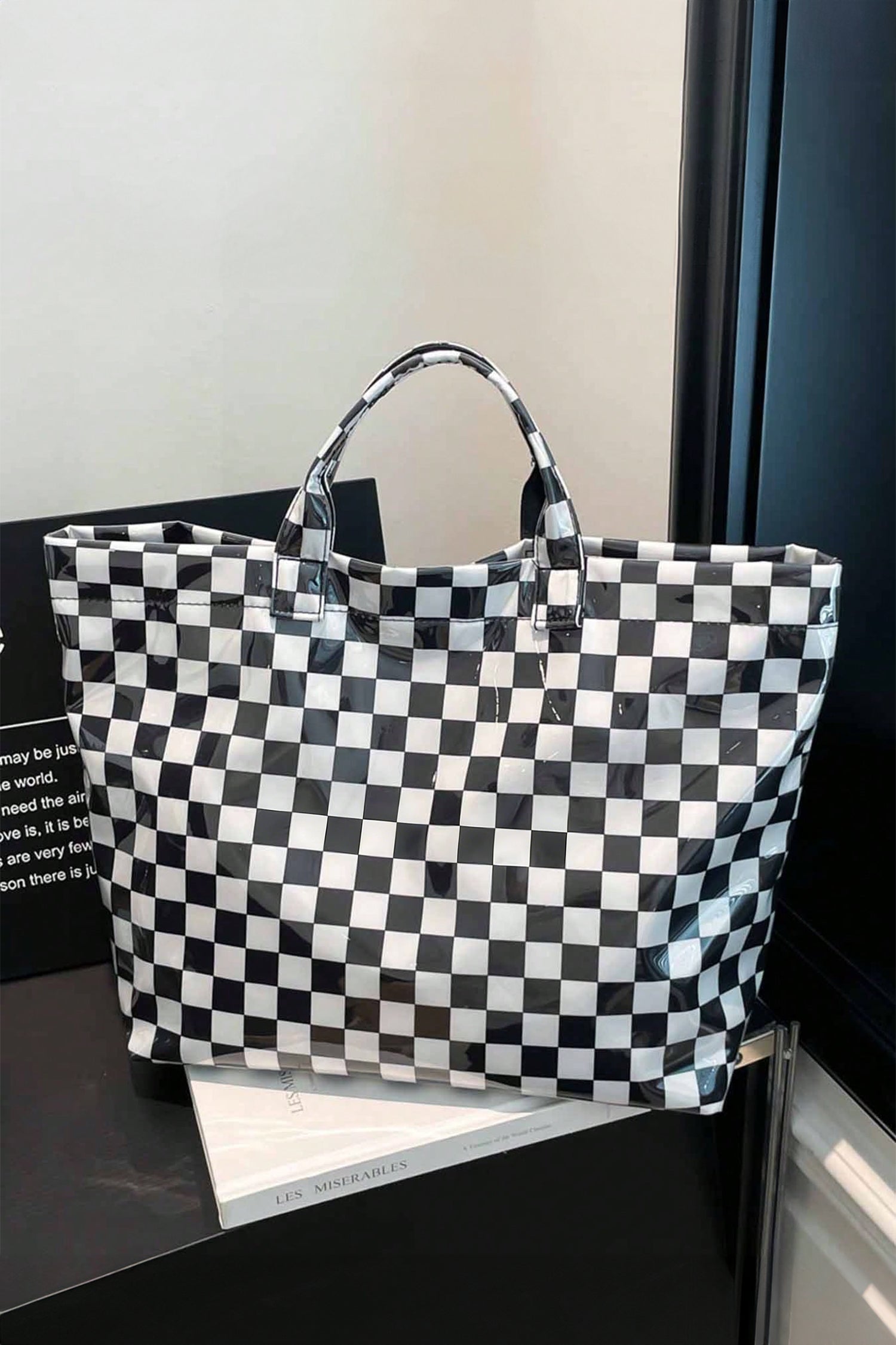 Color black Plaid Pattern PVC Glossy Waterproof Tote Bag