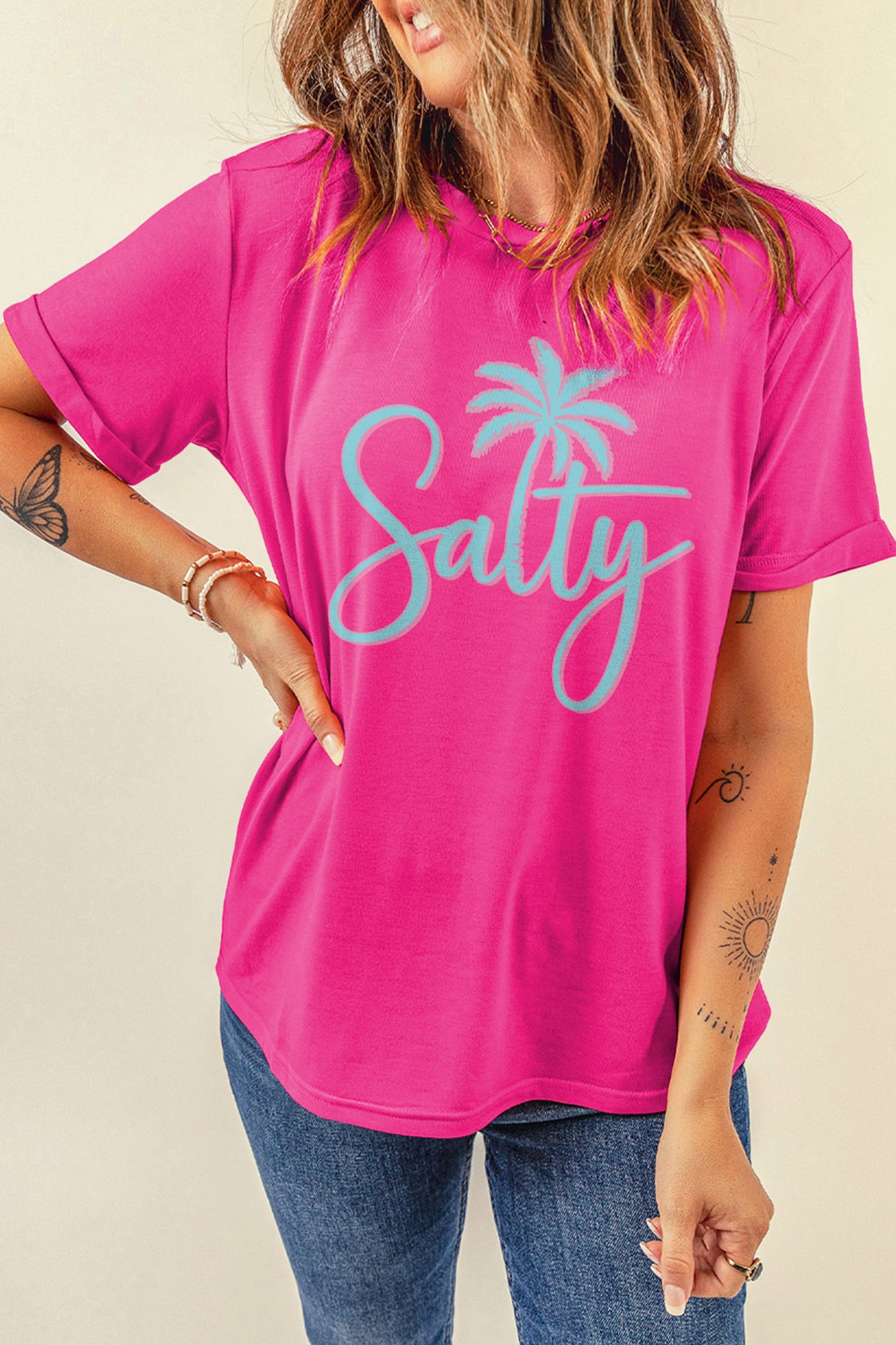 Rose Red Salty Palm Tree Printed Beach Vacation Casual T Shirt