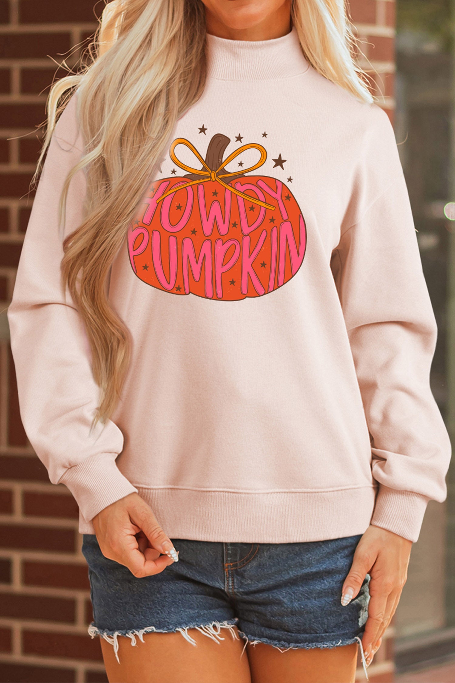 Light Pink Blessed Pumpkin Graphic Mock Neck Sweatshirt