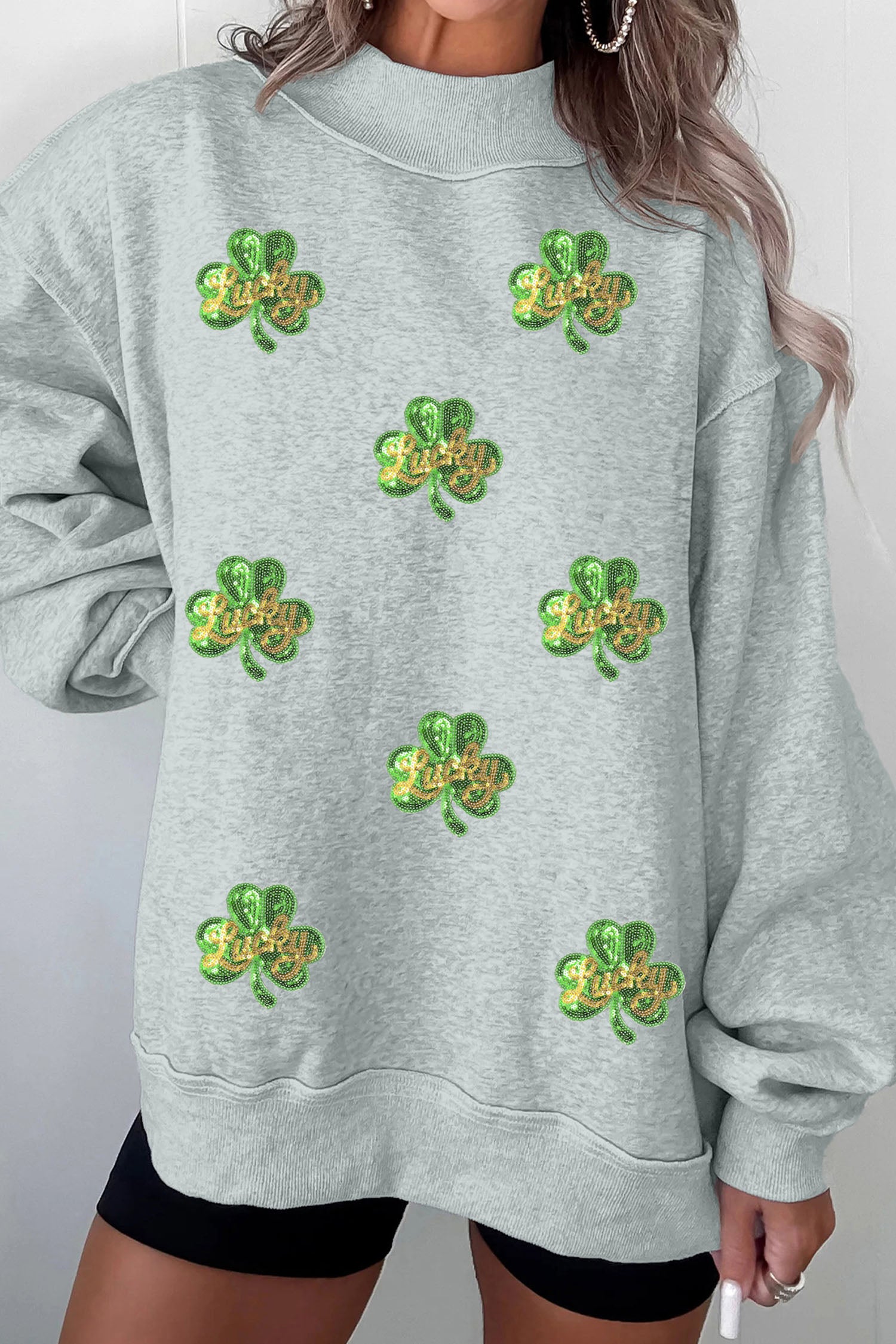 Gray Lucky Clover Sequin Graphic Mock Neck Sweatshirt