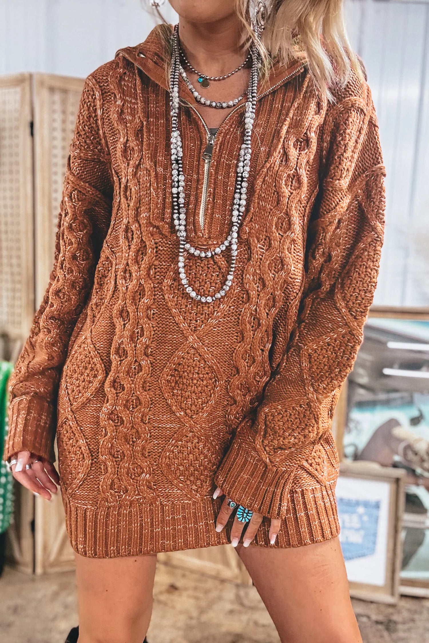 Clay Zip-Up Cable Knit Drop Shoulder Sweater Dress
