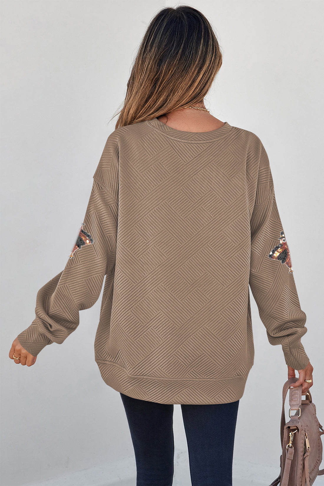 Parchment Trendy Textured Sequin Turkey Graphic Casual Pullover Sweatshirt