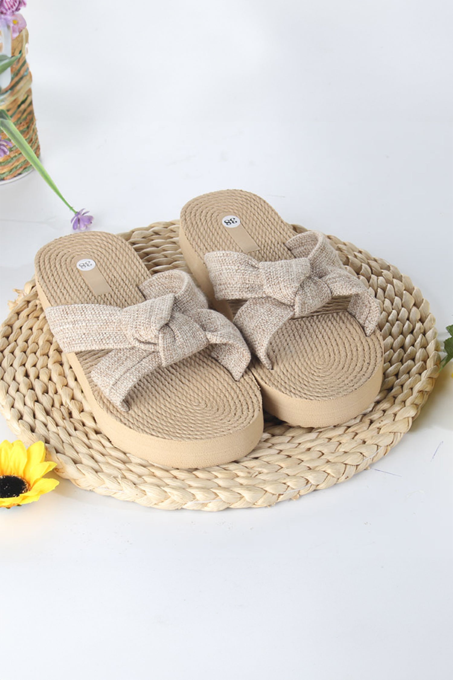 Parchment Boho Linen Bow Raffia Woven Light PVC Slippers