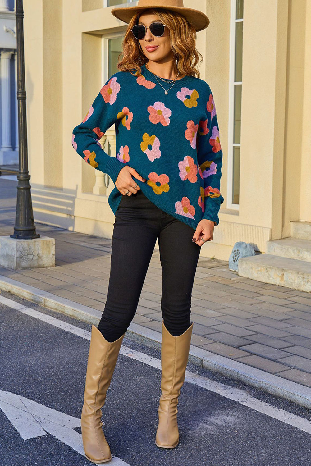 Blue Color Block Flower Cute Pattern Drop Shoulder Bulk Sweater