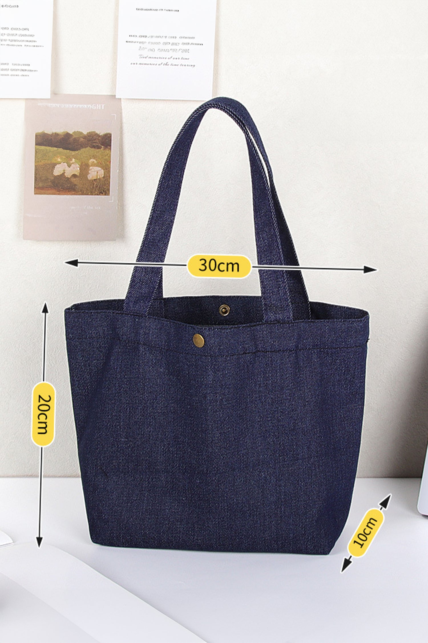 Navy Blue Vintage Denim Snap Button Tote Bag