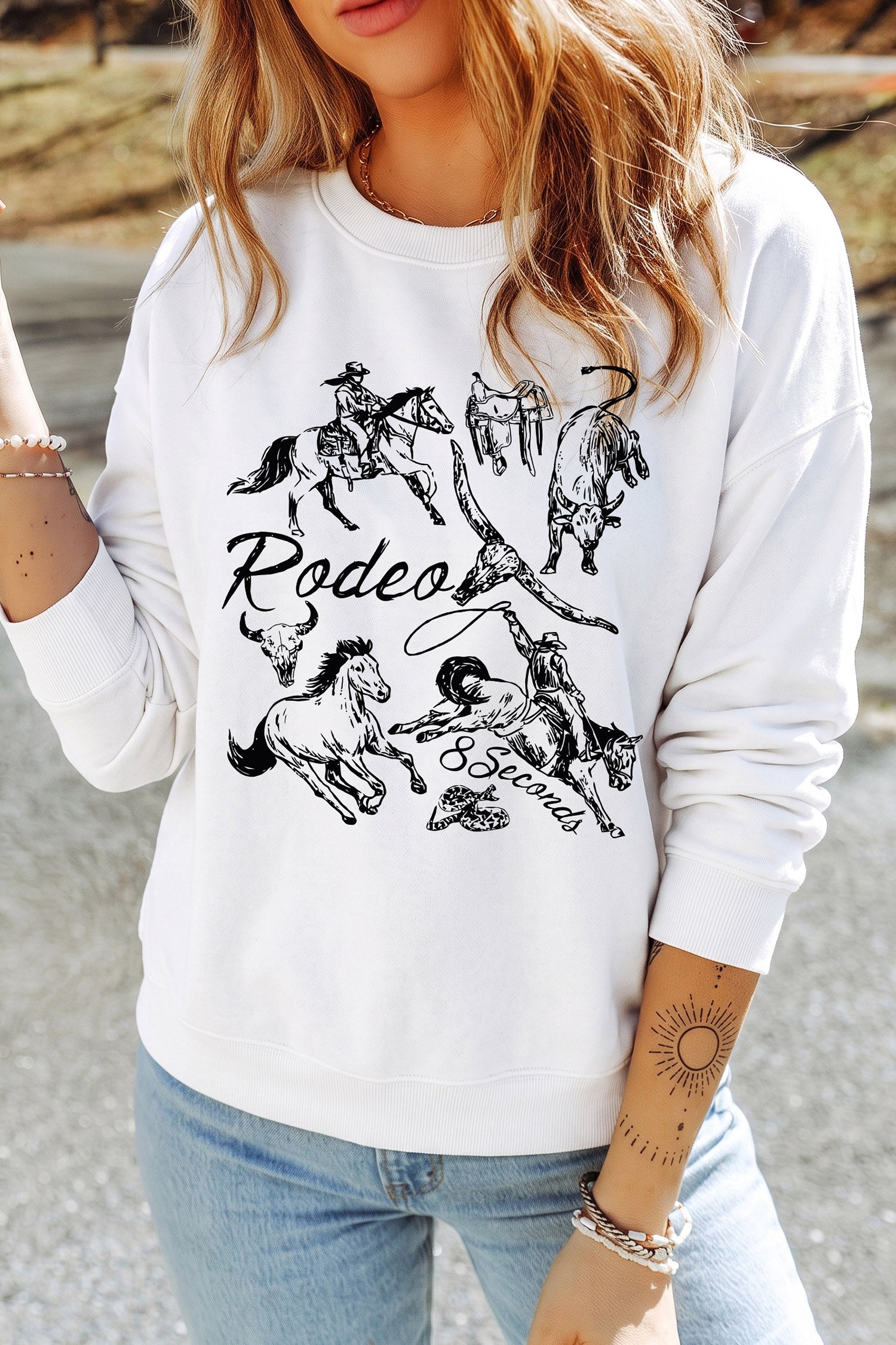 White Rodeo 8 Seconds Western Print Casual Graphic Sweatshirt