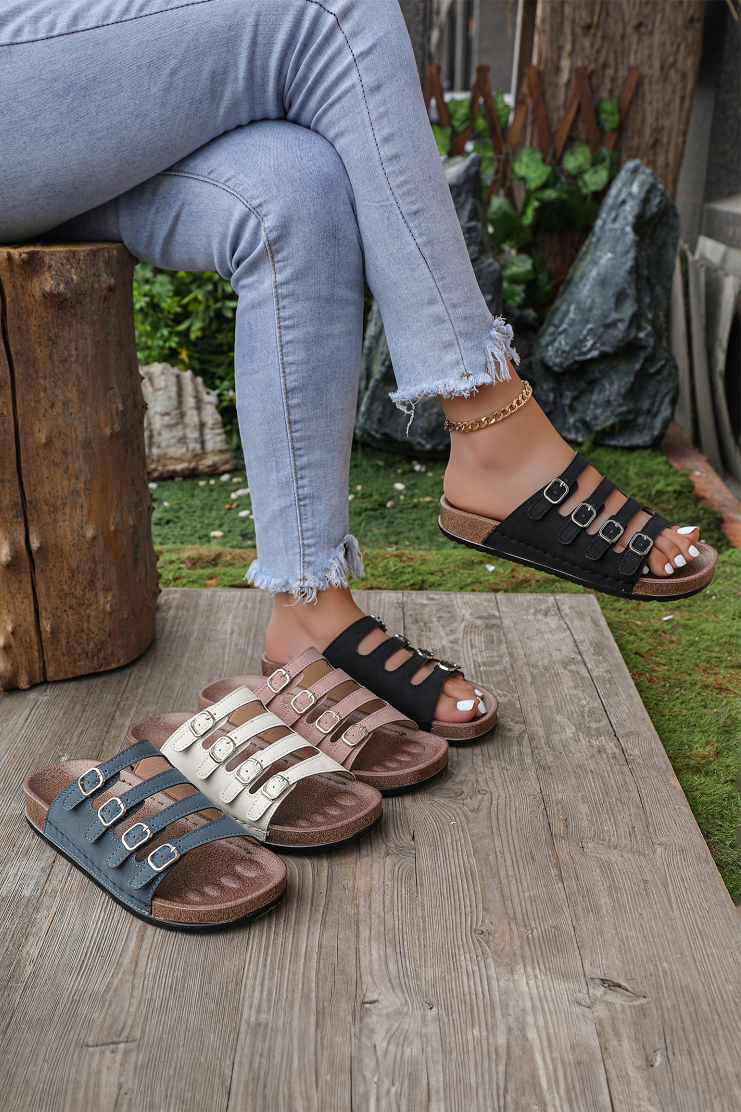 White Retro Buckle Straps Hollow Out Flat Slippers